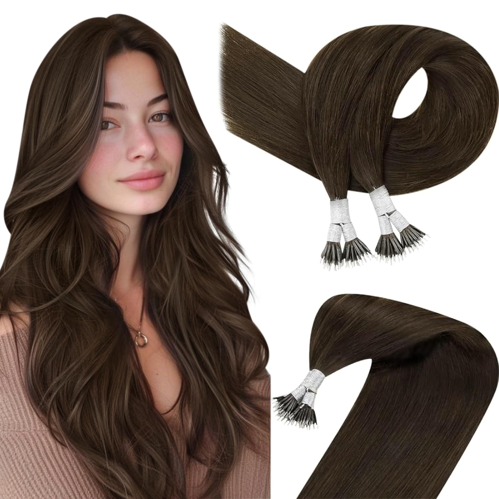 Easyouth Brown Nano Ring Extensions Human Hair Darkest Brown Nano Beads Hair Extension Nanoring Hair Extensions Natural Remy Thick Ends 16 Inch 50g/50s #2