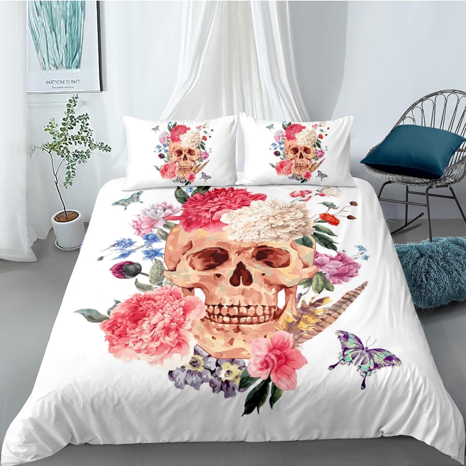 Housse de couette crâne 3D 260x230 cm avec taies d'oreiller pour lit 2 personnes