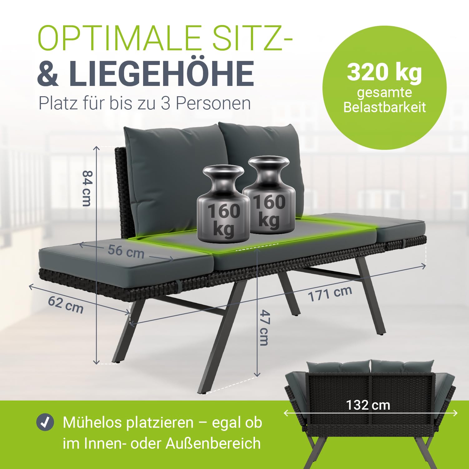 Juskys Gartenbank Calvia bis zu 3 Personen | Sitzen oder liegen im Freien | klappbare Polyrattan Multifunktionsbank & Sonnenliege | Gartensofa Outdoor wetterfest | bis 240 kg für Balkon und Terrasse