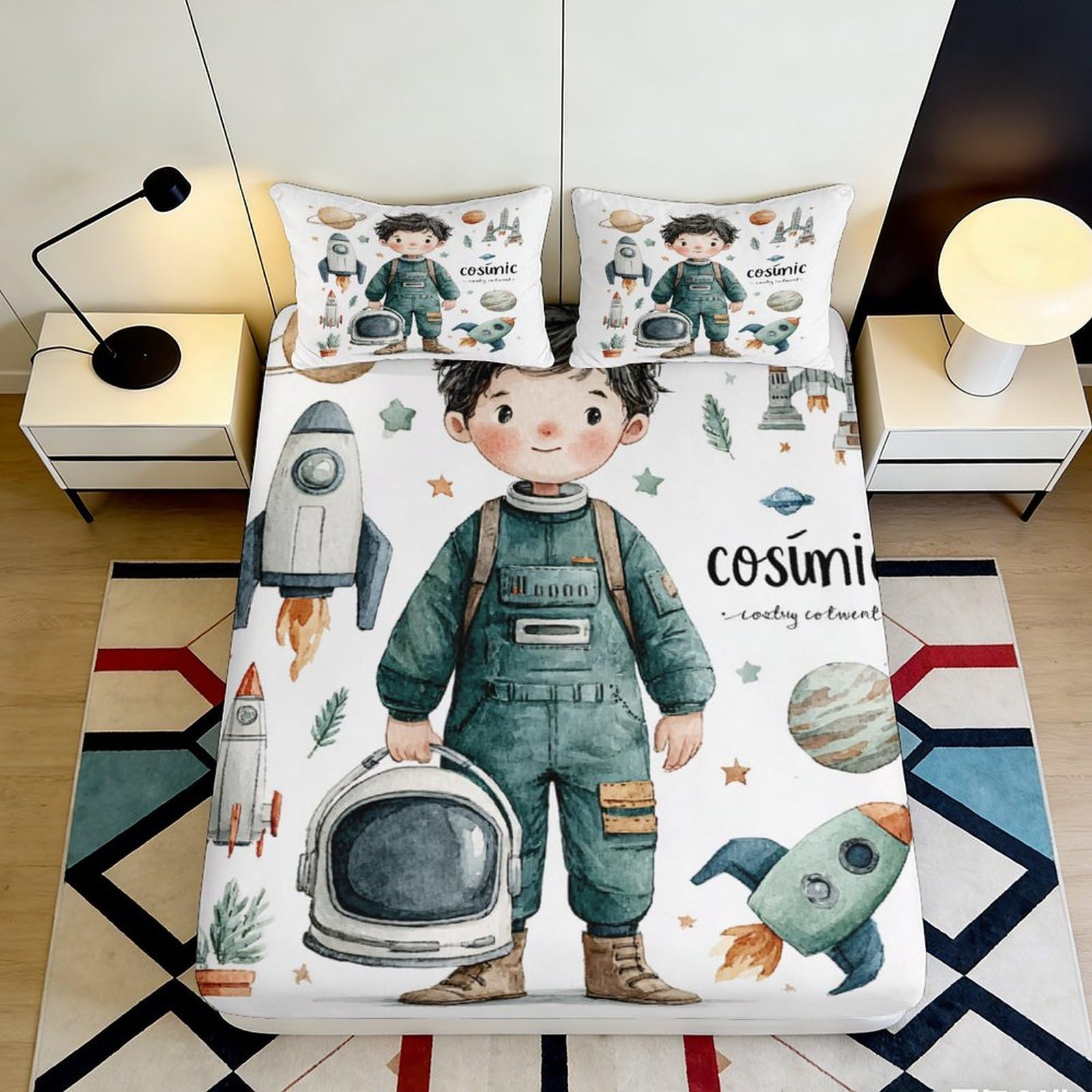 3D Printed Space Astronaut Fitted Sheet Microfiber Soft Breathable Rocket Planet Bed Cover for Bedroom Dorm Decor 90x200x25cm