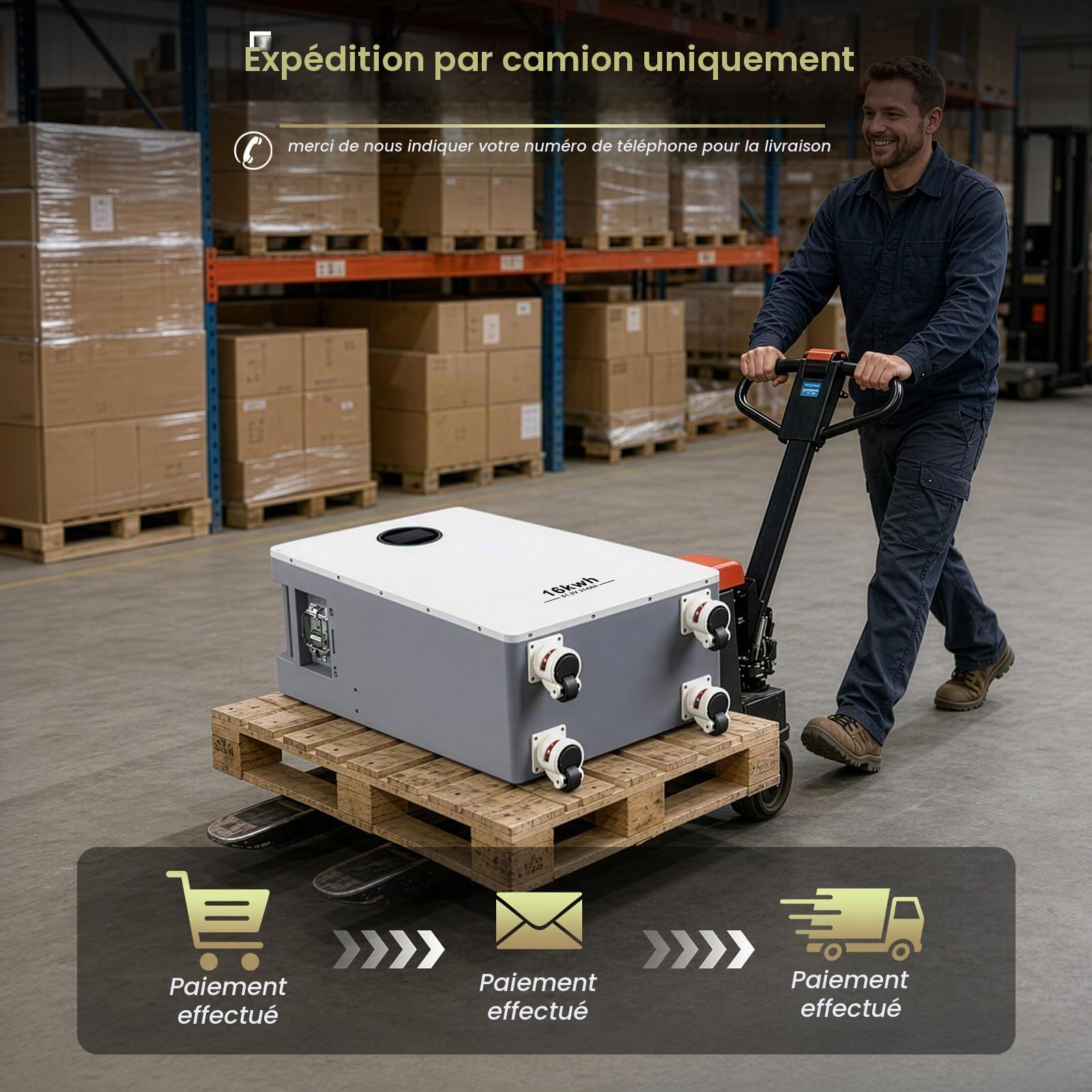 Batterie LiFePO4 48V 314Ah (51,2V 16,08 kWh), BMS 200A, RS485/CAN/RS232, Bluetooth/WiFi, écran LCD Tactile, 8000+ Cycles, Stockage énergie Domestique, Secours & Solaire Hors réseau
