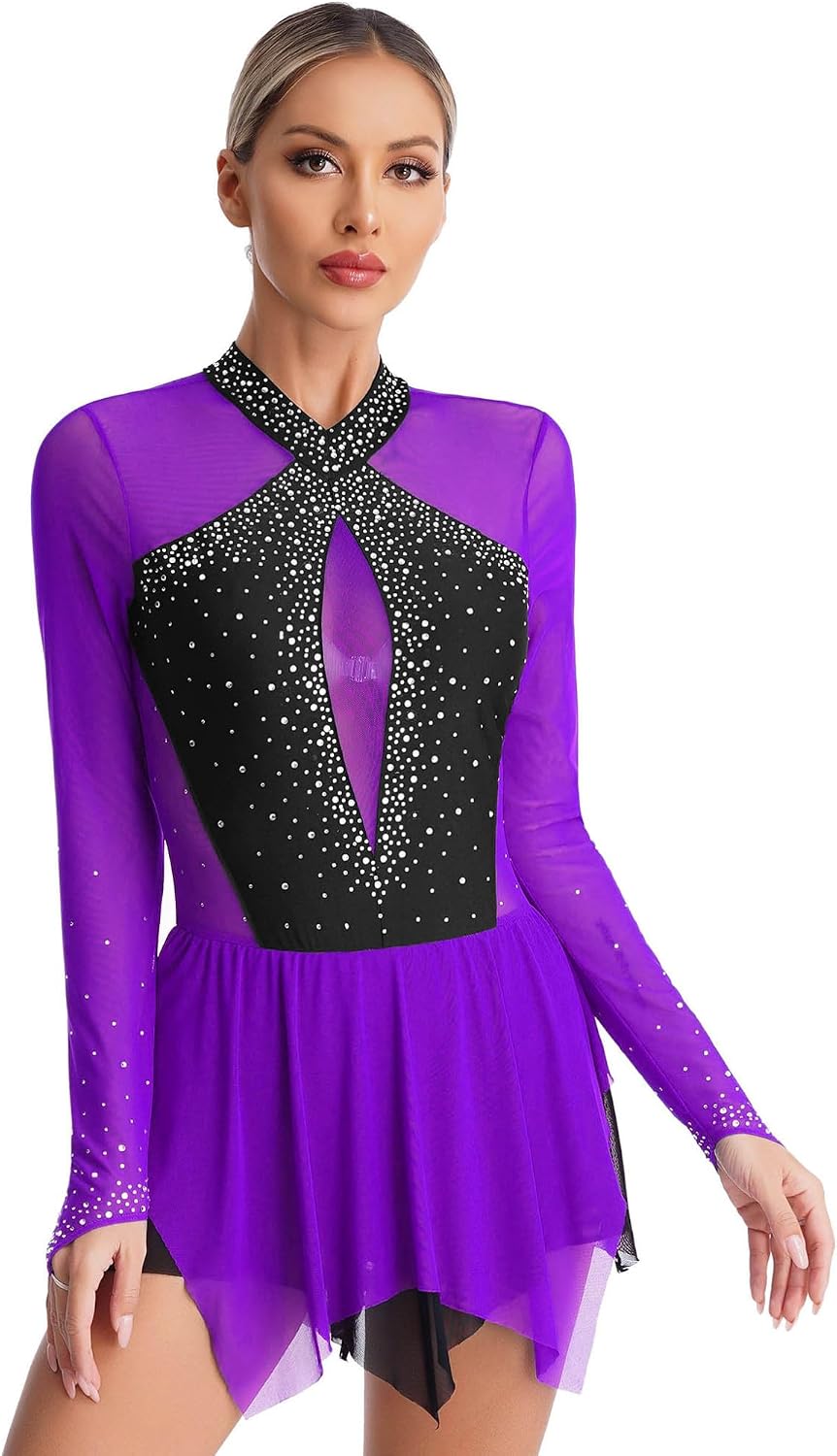 dPois Robe Patinage Artistique Femme Strass Brillant Manches Longues Justaucorps Gymnastique Costume Danse Compétition Robe Danse Latine Ballet S-XXL Blanc S