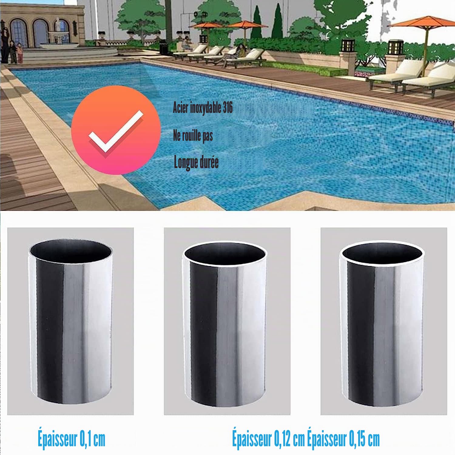 Main courante de piscine en acier inoxydable 316 – Pour intérieur/extérieur – 0,15 cm d'épaisseur – Argent – Durable et élégante