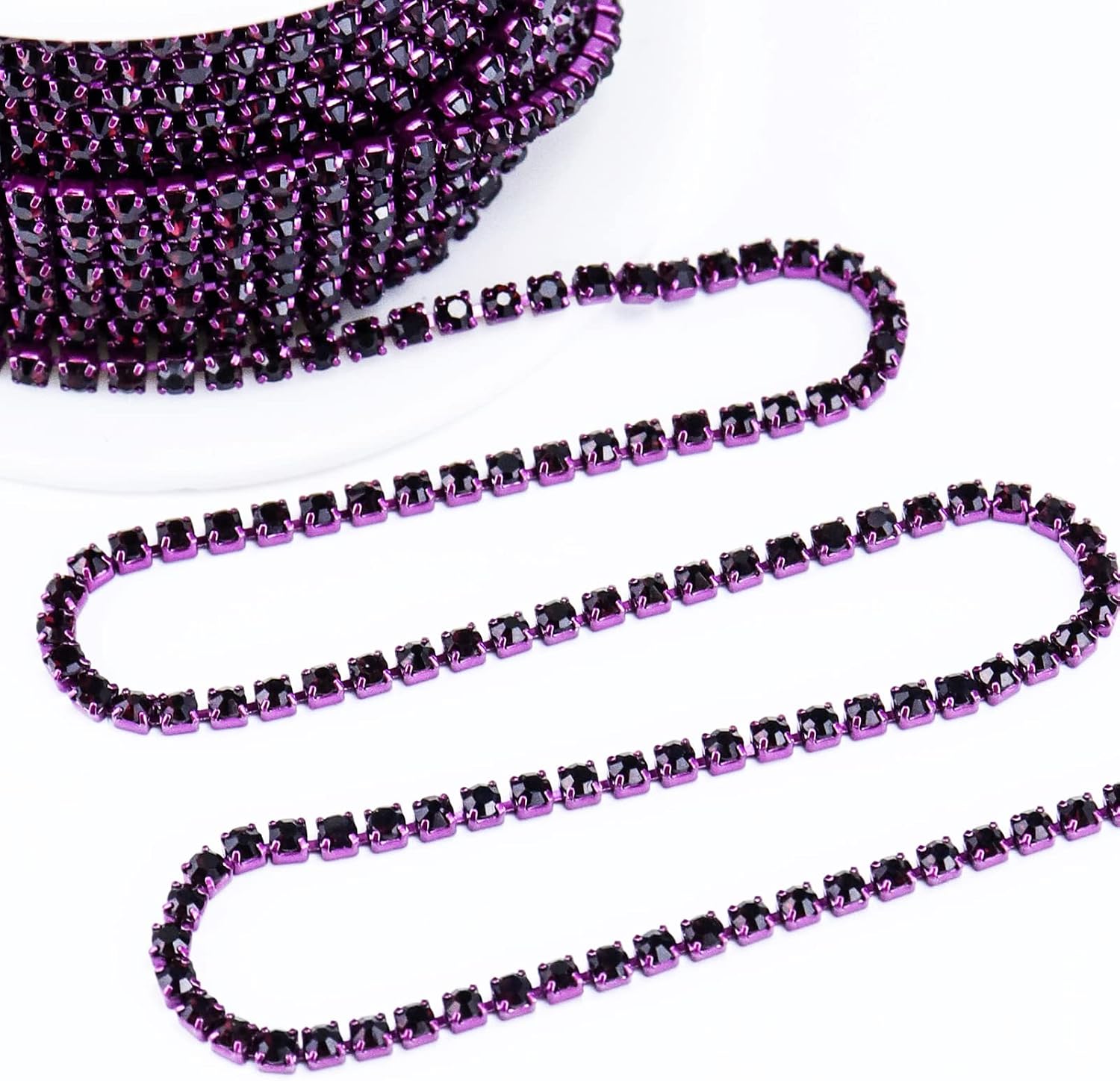 Dowarm 10 Yards 2MM Crystal Rhinestone Close Chain Trim for Sewing Crocs Shoes Clothes Cups, SS6 Claw Rhinestone Chain for Craft Jewelry Wedding Bouquet DIY Decoration, Dark Purple