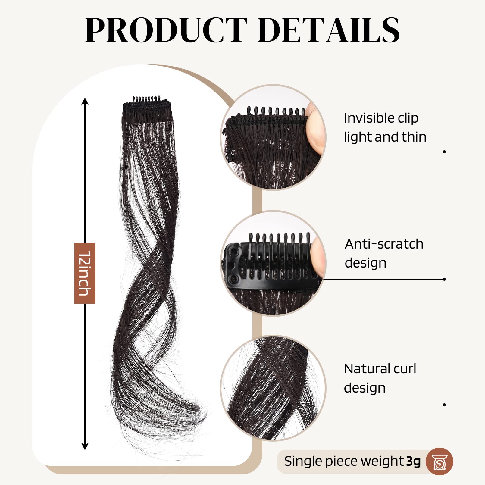 Flufymooz Side Air Bangs,2PCS Clip in Bangs Front Side Bangs Set Long Temples, Bangs Hair Clip on Fringe Bangs with Temples Synthetic Long Dragon beard Bangs Hair 12 inch (Black Brown) - Image 2