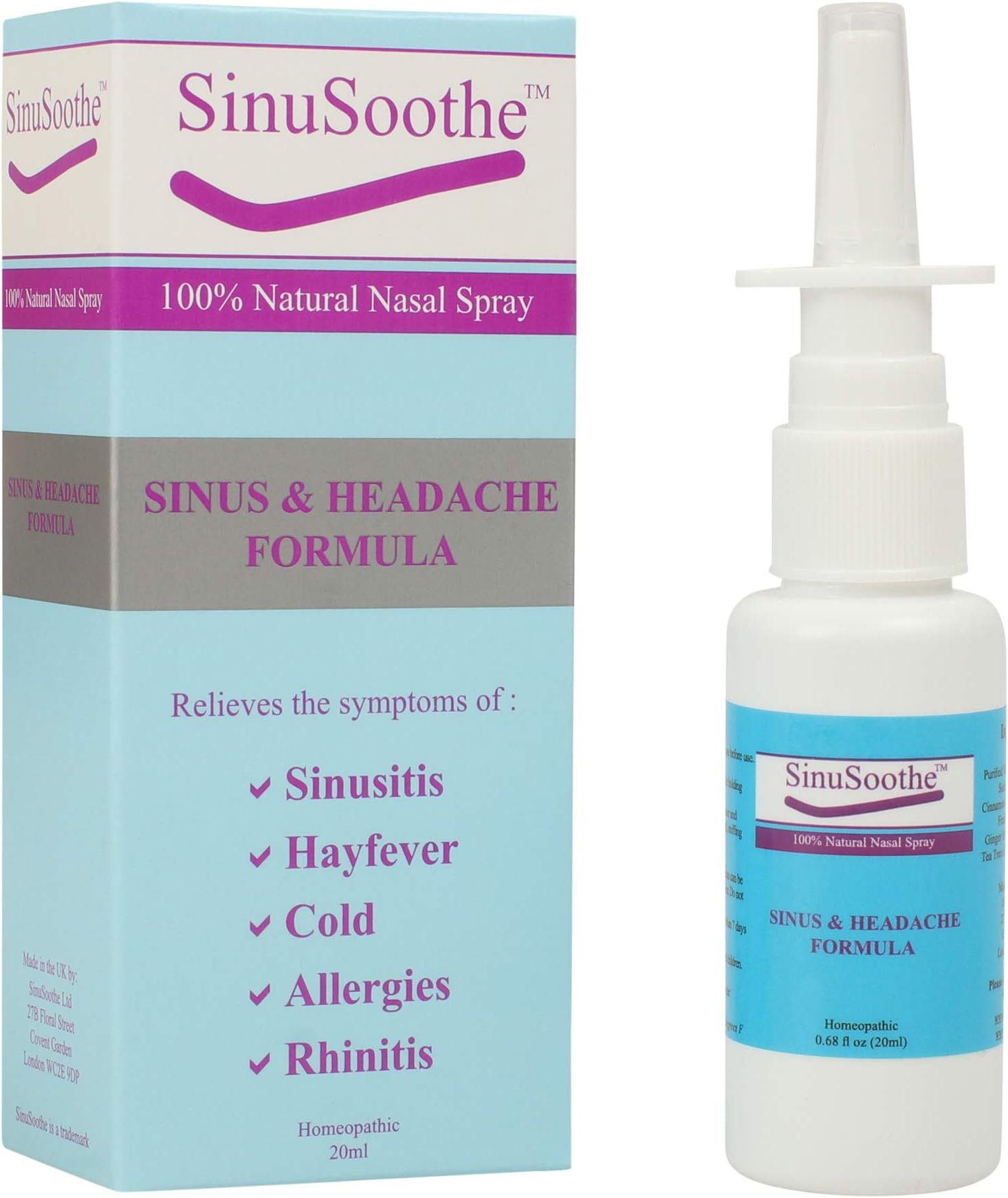 SinuSoothe 100% Natural Nasal Spray (SINUS & HEADACHE FORMULA)(0.68floz) - Sinusitis,Hay Fever,Sinus Allergies,Colds,Rhinitis,Nasal Spray Addiction