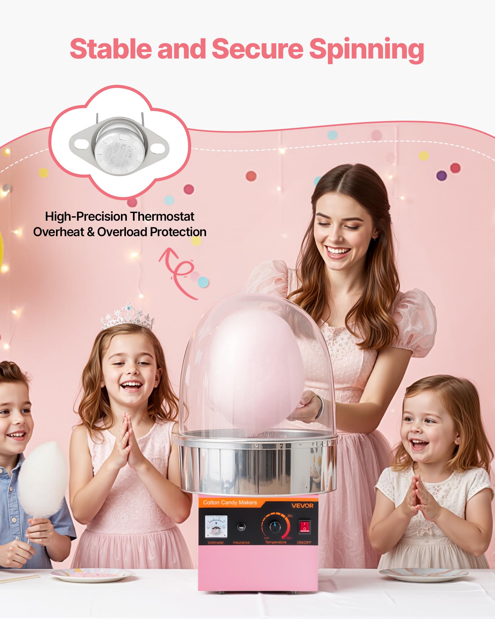 VEVOR Máquina Eléctrica de Algodón de Azúcar 1000 W, Máquina para Hacer Algodón de Azúcar con Tapa, Recipiente de Acero Inoxidable y Cuchara para Azúcar, para Carnavales, Cumpleaños, Fiestas, Rosa