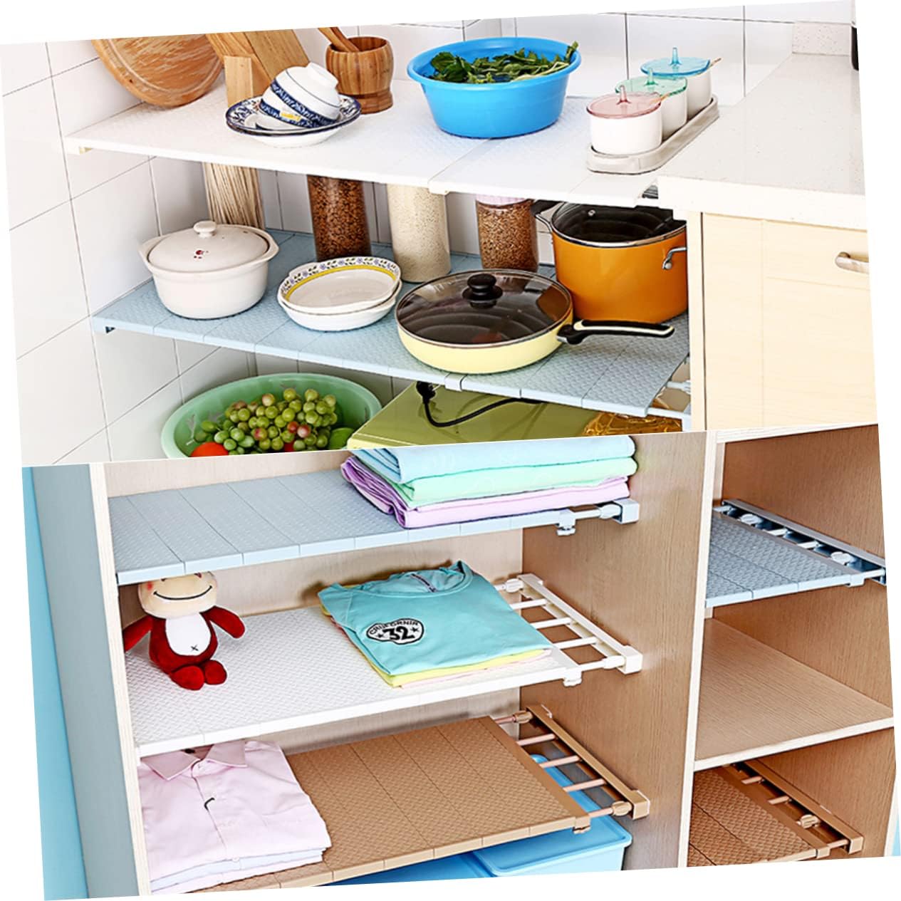 CHILDWEET Adjustable Shelf Dividers for Closet Organization Retractable Storage Rack for Wardrobe Cupboard and Kitchen Sturdy Plastic Space-Saving Design White