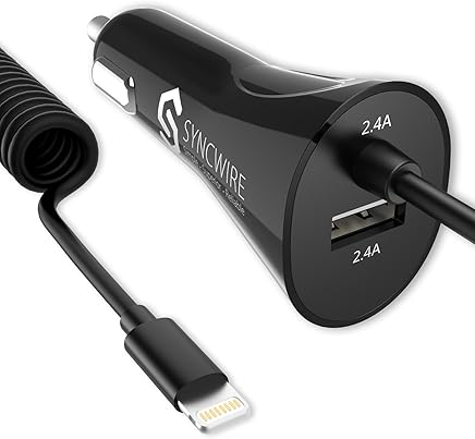 Cargador de Coche, Syncwire Cargador M?vil Coche 4.8A/24W Dual USB con Cable Lightning Incorporado [Certificado MFi Apple] - para iPhone X, 8, 8 Plus, 7, 7 Plus, 6s, 6s Plus, Samsung S8+ S8 S7 - Negro