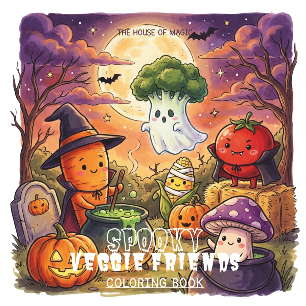 Spooky Veggie Friends Halloween Coloring Book for Kids: Kawaii Vegetable Characters in Halloween Costumes — 20 Pages for Preschool and Kindergarten