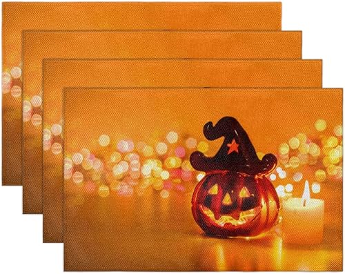 Miniatura 7 de Halloween Beautiful Pumpkin with Witch Hat Placemats Set of 6 Fabric Placemats Square Placemat for Kitchen Table Heat Resistant, Easy to Clean Table