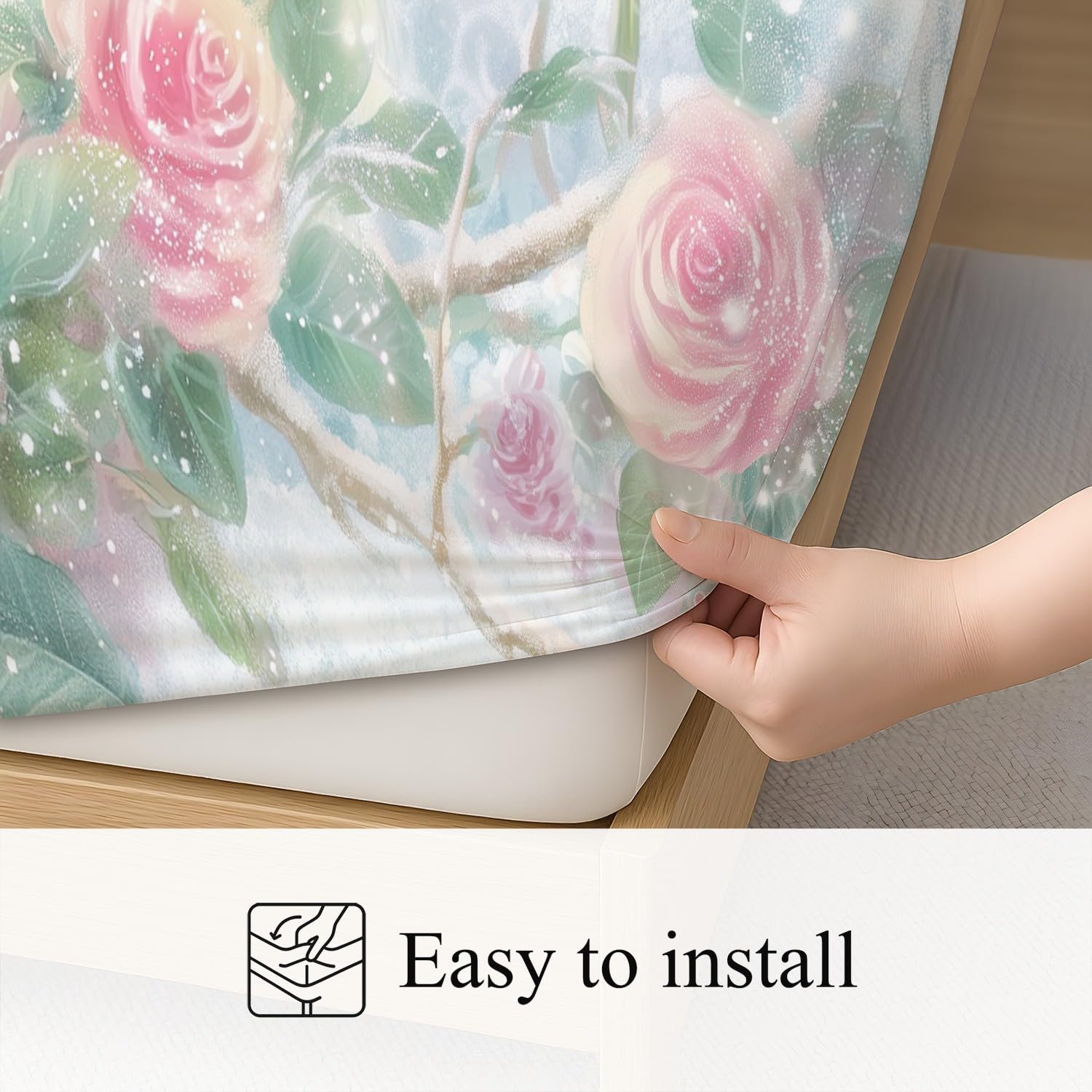 Juego de sábanas bajeras tamaño King de 30 cm de profundidad, diseño floral de rosas y gatos, microfibra cepillada suave, resistente a la decoloración, transpirable, 150 x 200 cm