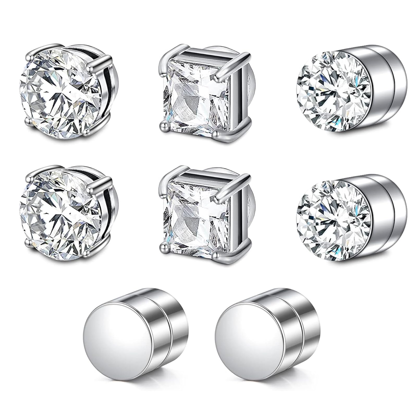 Omlalayi 4 Pares Pendientes Hombre Diamante,Pendientes sin Agujero,Aretes para Hombre,Pendientes de Iman,Pendientes Iman,No Perforantes Pendientes para Hombres Mujeres Tono Plateado