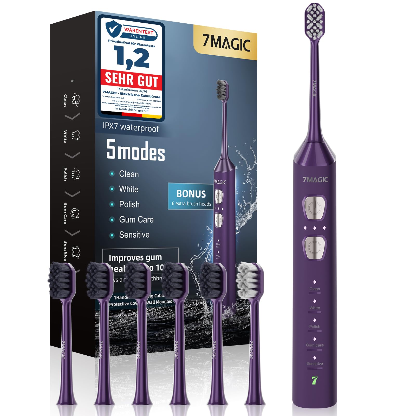 Elektrische Zahnbürste, Schallzahnbürste, Zahnbürste Mit 180 Tagen Akkulaufzeit Und Timer, 3 Intensitäten, 5 Modi, 40000 VPM, IPX7, lila