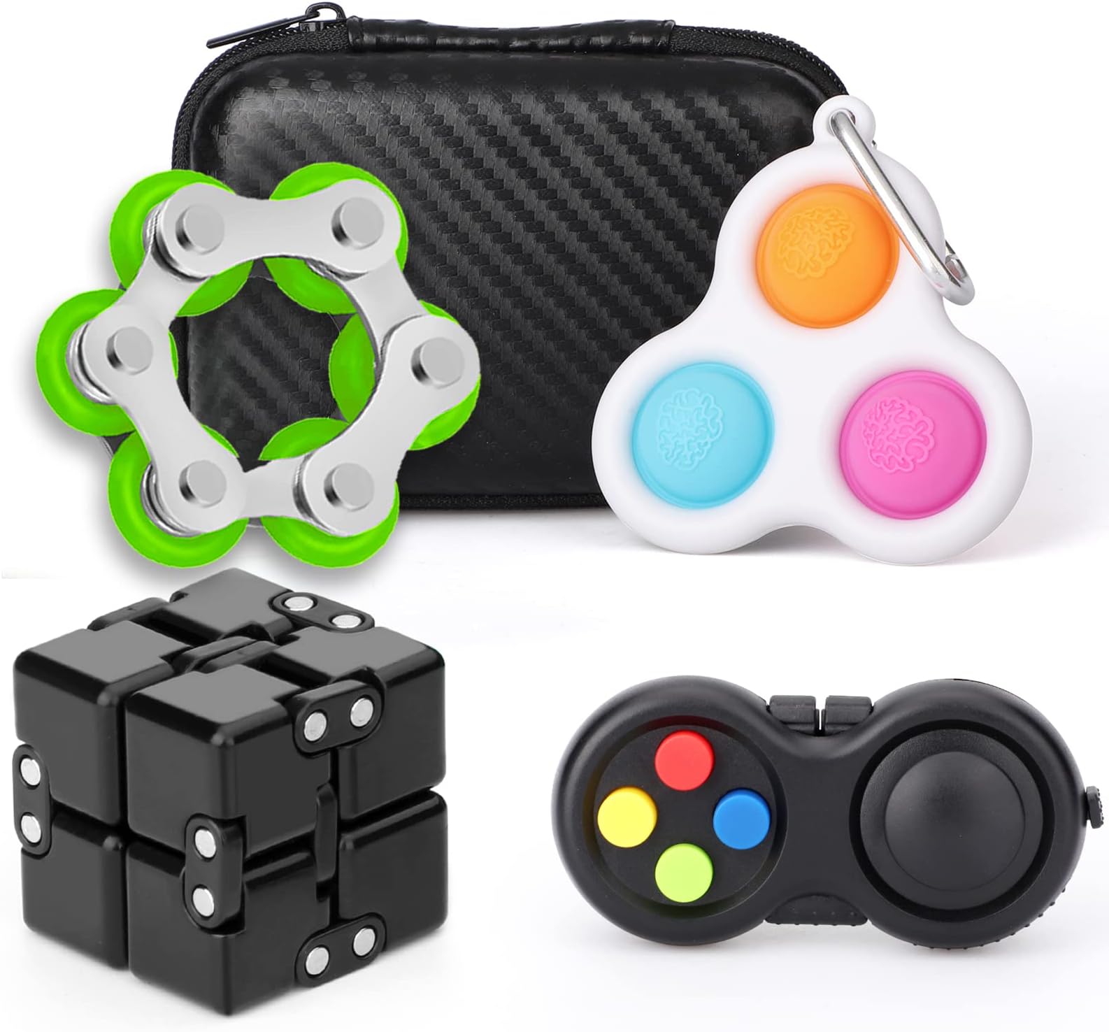Cool Pop Fidget Toys Set, Fidget Pad Controller, Infintiy Cube, Pop Bubble, Sprocket Chain Gadget, Sensory Anti Anxiety Stress Relief Silicone Desk Toys,Party Favours Gifts for Kids Adults (4 Pack)