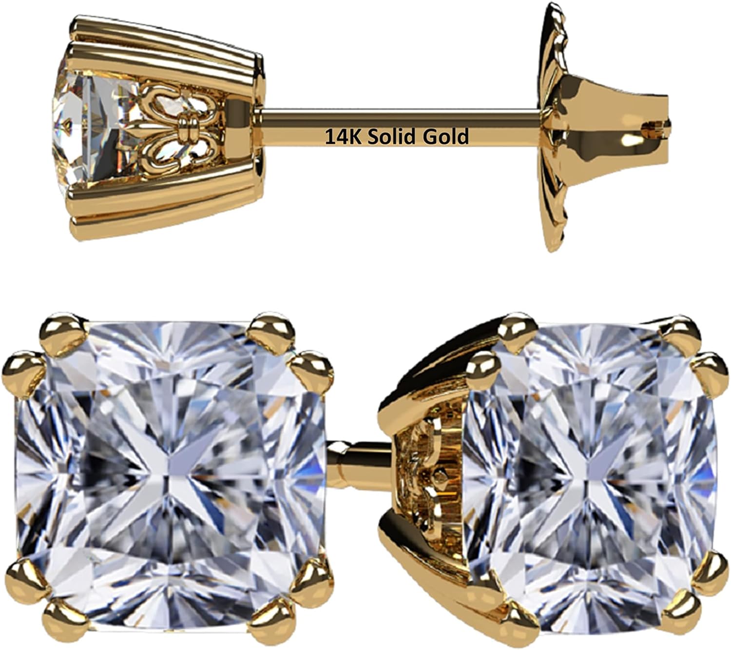 NANA Jewels Cushion Cut Simulated Diamond Stud Earrings 14K Solid Gold Post & Sterling Silver -0.60ctw-4.00ctw CZ