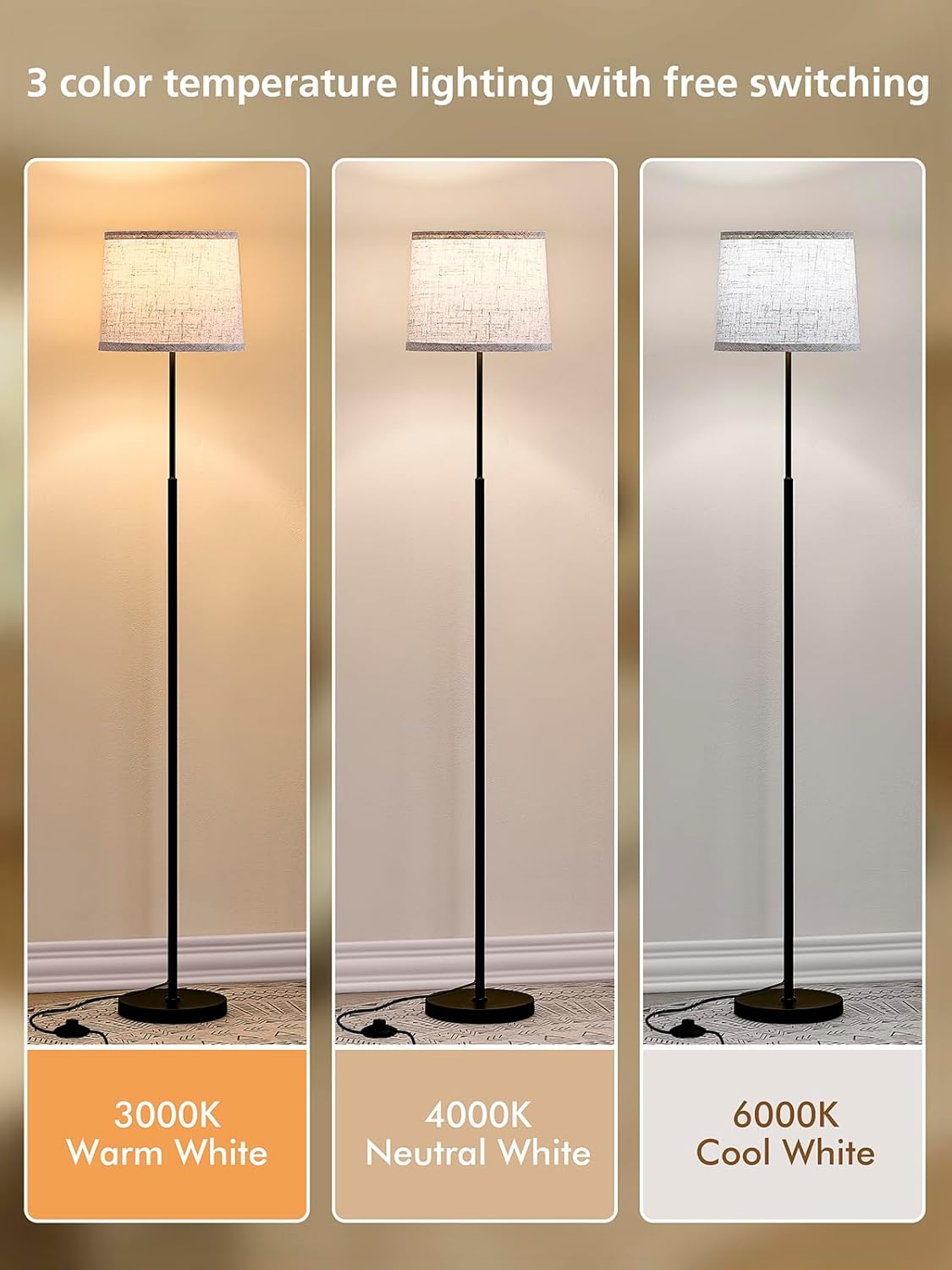 Hikczc 60" Modern Floor Lamp for Living Room Bedroom, Standing Lamp with Oatmeal Linen Lampshade, Tall Lamp with A19 9W 3 Color Temperature Bulb, Foot Switch Control, Black