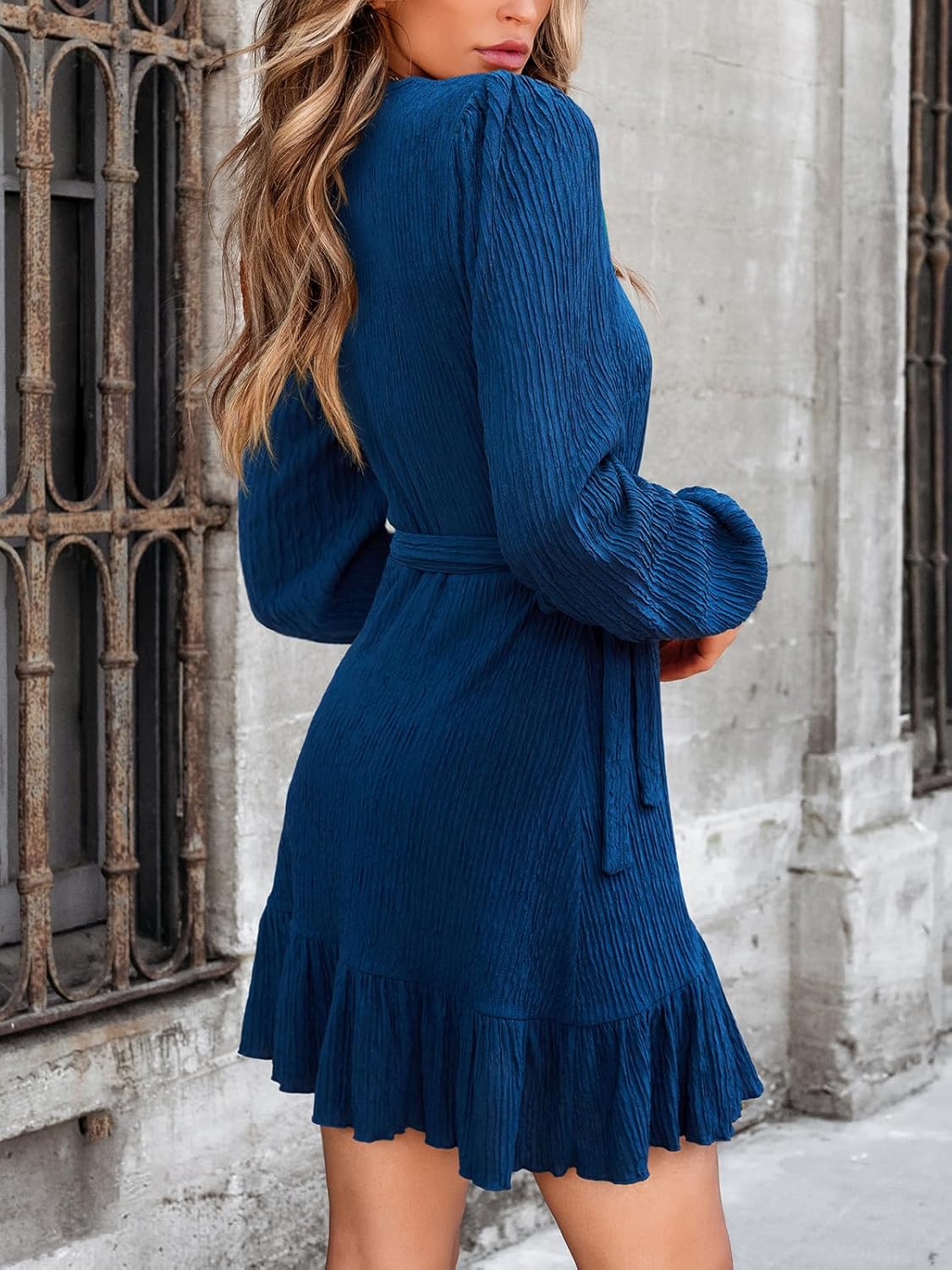 CUPSHE Womens Ruched Fall Dresses V Neck Long Sleeve Belted Ruffled Casual Bodycon Flowy Party Elegant Mini Cocktail Dress - Image 3