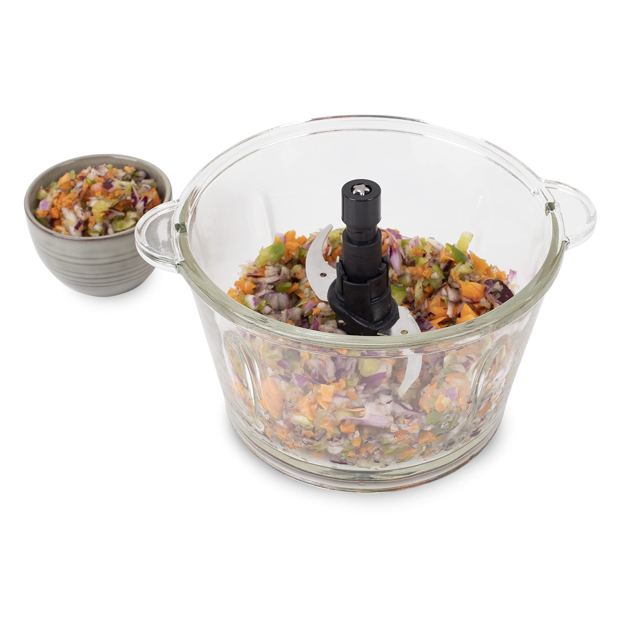 Princess 221052 Picadora eléctrica de alimentos Duo XL, 4 Cuchillas de Acero Inoxidable, Bol de Vidrio con indicador de nivel de 1.5 L, picadora de cocina para carne, verdura, fruta y hielo, 300 W