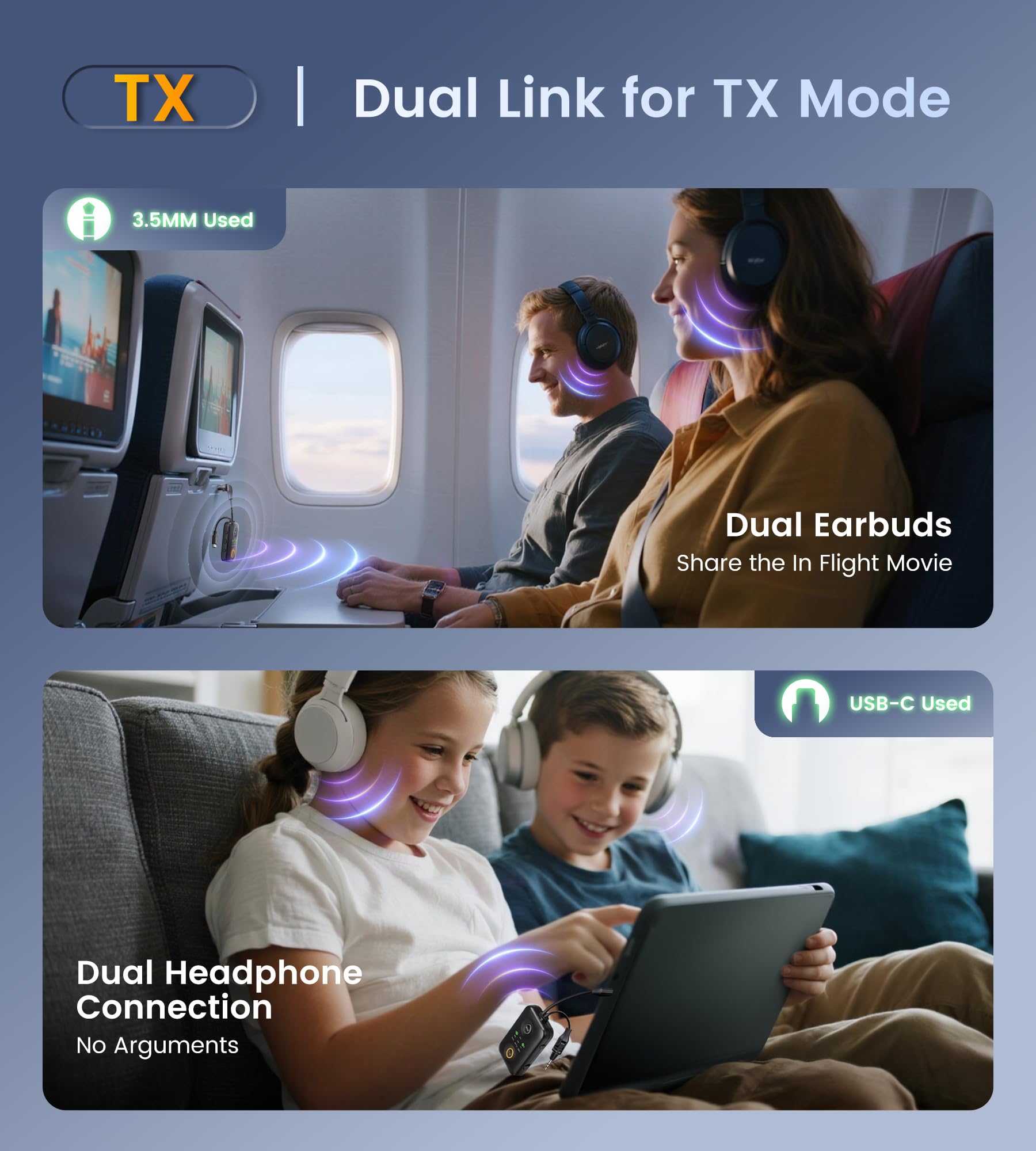 Unikalna konstrukcja odbiornika nadajnika Bluetooth 5.4 z Qualcomm aptX Adaptive do podwójnych słuchawek AirPods, gniazdo Aux 3,5 mm i adapter Bluetooth USB C do samolotu/telewizora/PS5/siłowni