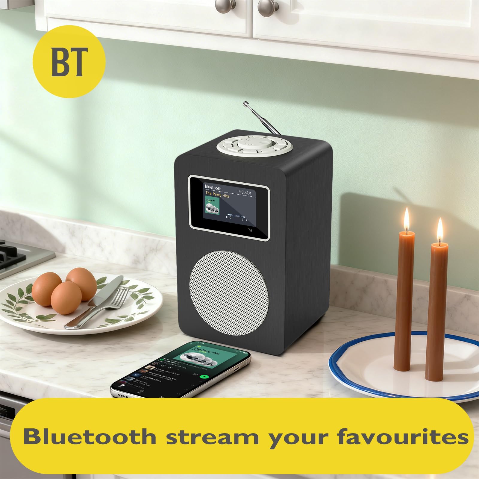 Radio Dab MD4, Radio Dab Plus avec Haut-Parleur Bluetooth, Radios FM de Cuisine Secteur et Batterie,écran Couleur,Double Alarme,Port pour Casque,Boîte en Bois-Finition Gris Métallisé