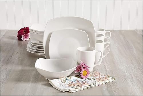 Miniatura 4 de Gibson Home 102539.16RM - Juego de vajilla cuadrada de porcelana clásica de 16 piezas con platos, cuencos y tazas de varios tamaños, color blanco