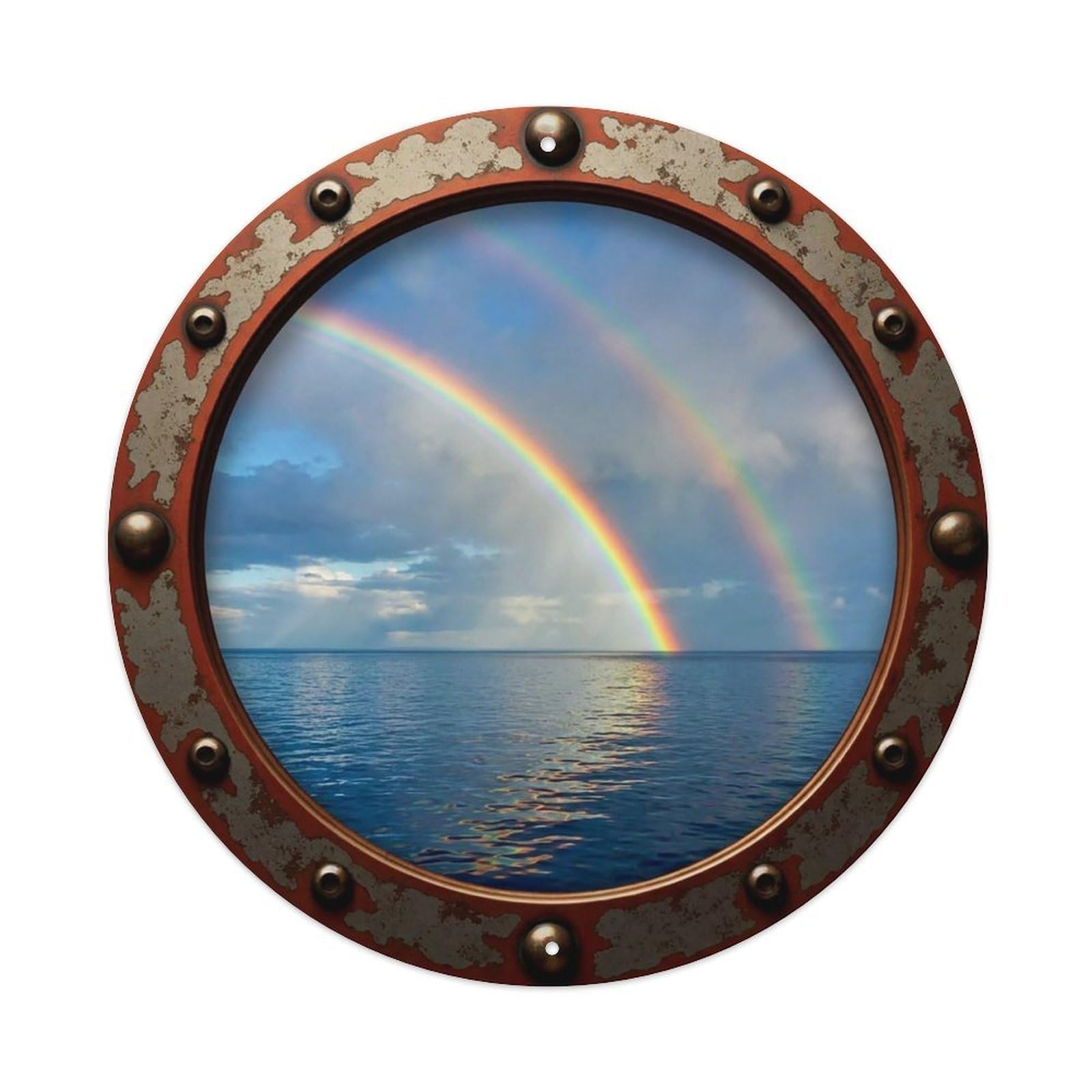 Vintage Porthole Double Rainbow Arc View Vintage Metal Tin Sign Plaque Wall Decor for Cafe, Club Bar, Office, Garden Metal Poster 8x8Inch