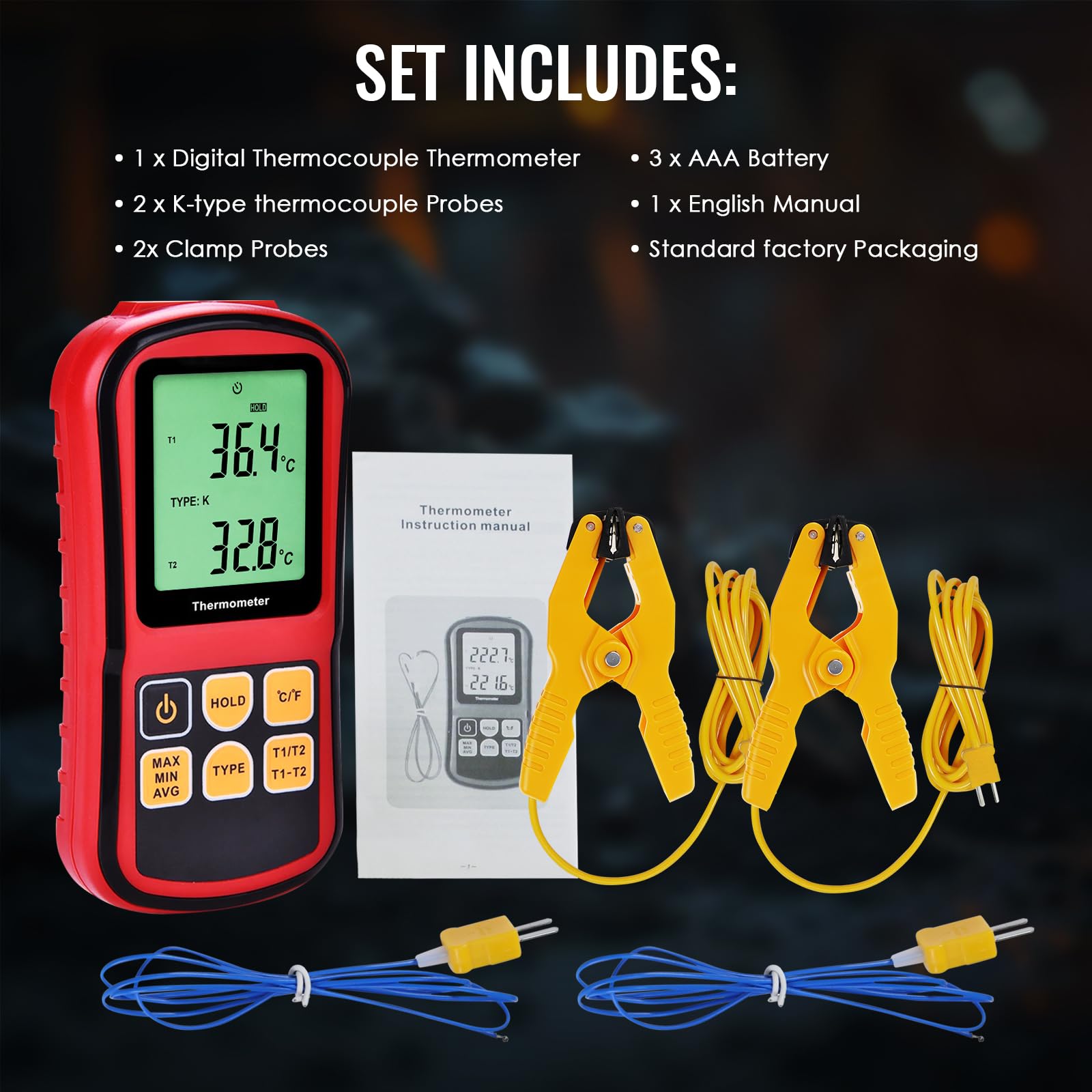 Termometro a termocoppia a doppio canale Tipo K/J/T/E/R/S/N -150~1767 °C Misuratore di temperatura digitale Retroilluminazione 2 sonde