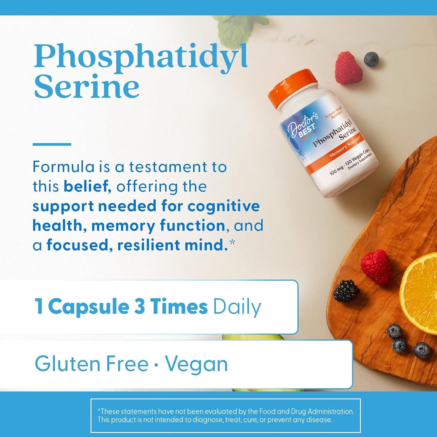 Doctor's Best Phosphatidylserine Supplement 100 mg - Phosphatidyl Serine Capsules for Men & Women, Memory & Cognitive Support for Adults, Supports Brain Health, Gluten Free, Vegan - 120 Veg Caps