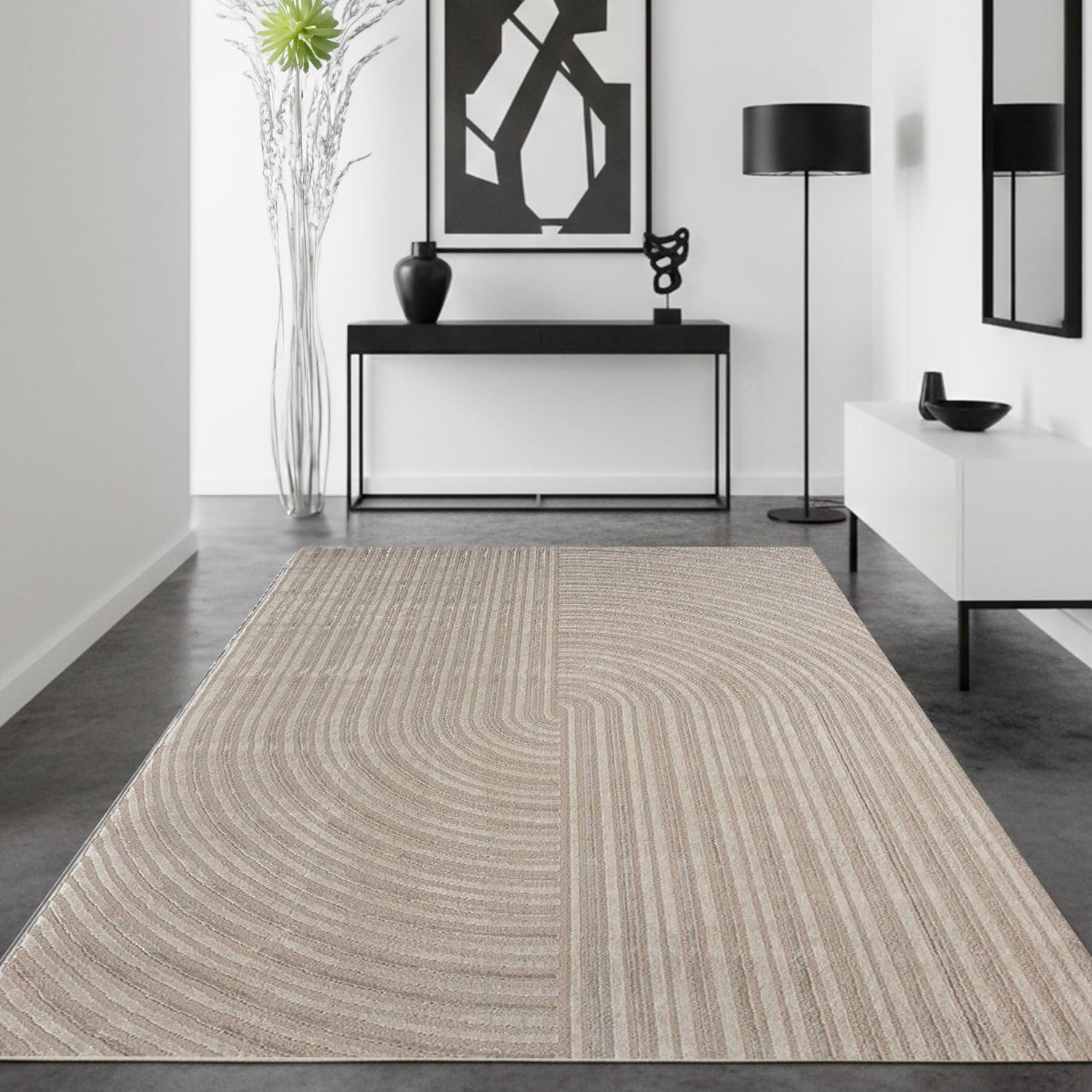 Vimoda Modern Kurzflor-Teppich für Wohnzimmer und Schlafzimmer, Bohe-Stil, Taupe, dünn mit 3D Hoch-Tief Effekt, pflegele