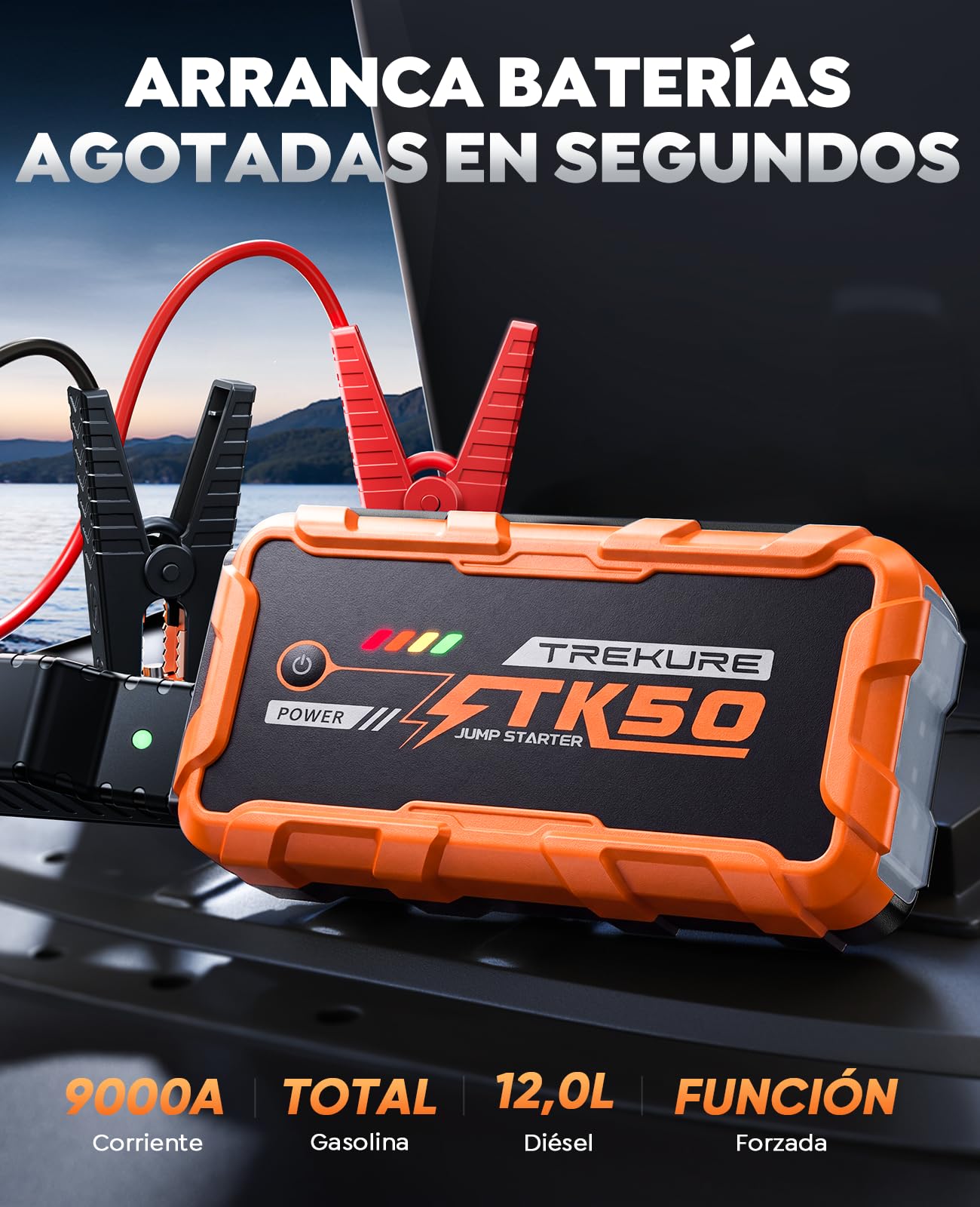 TREKURE Arrancador de Baterias de Coche 9000A (12L Diésel y Todo Gasolina), Arrancador de Coches Portátil con 18W Carga Rápida, 12V Jump Starter con Pinzas Reforzadas y 800 LM Linterna LED