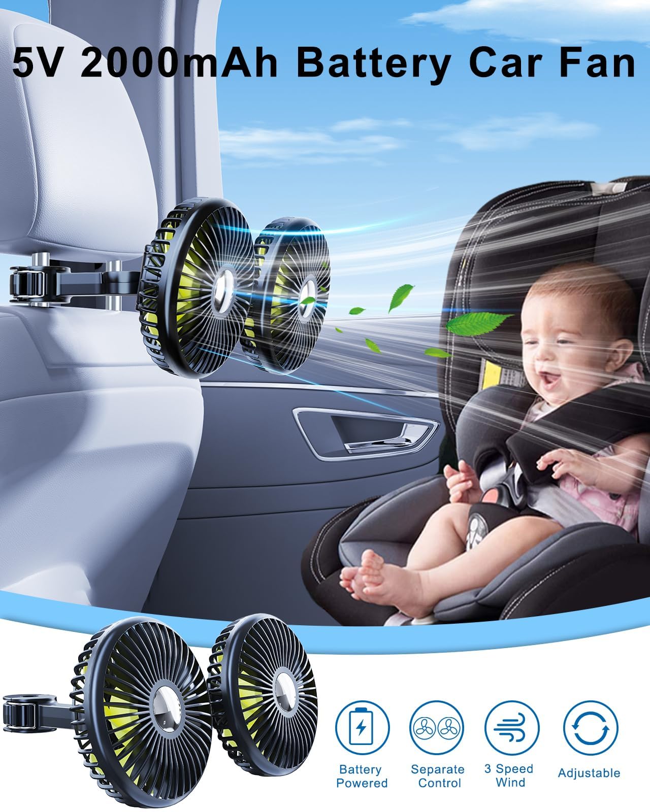 Ventilatore per auto per sedile posteriore, 2000 mAh, ventola per sedile posteriore, regolabile, doppia testa, USB, ventole portatili per auto con 3 velocità, ventilatore per seggiolino auto,