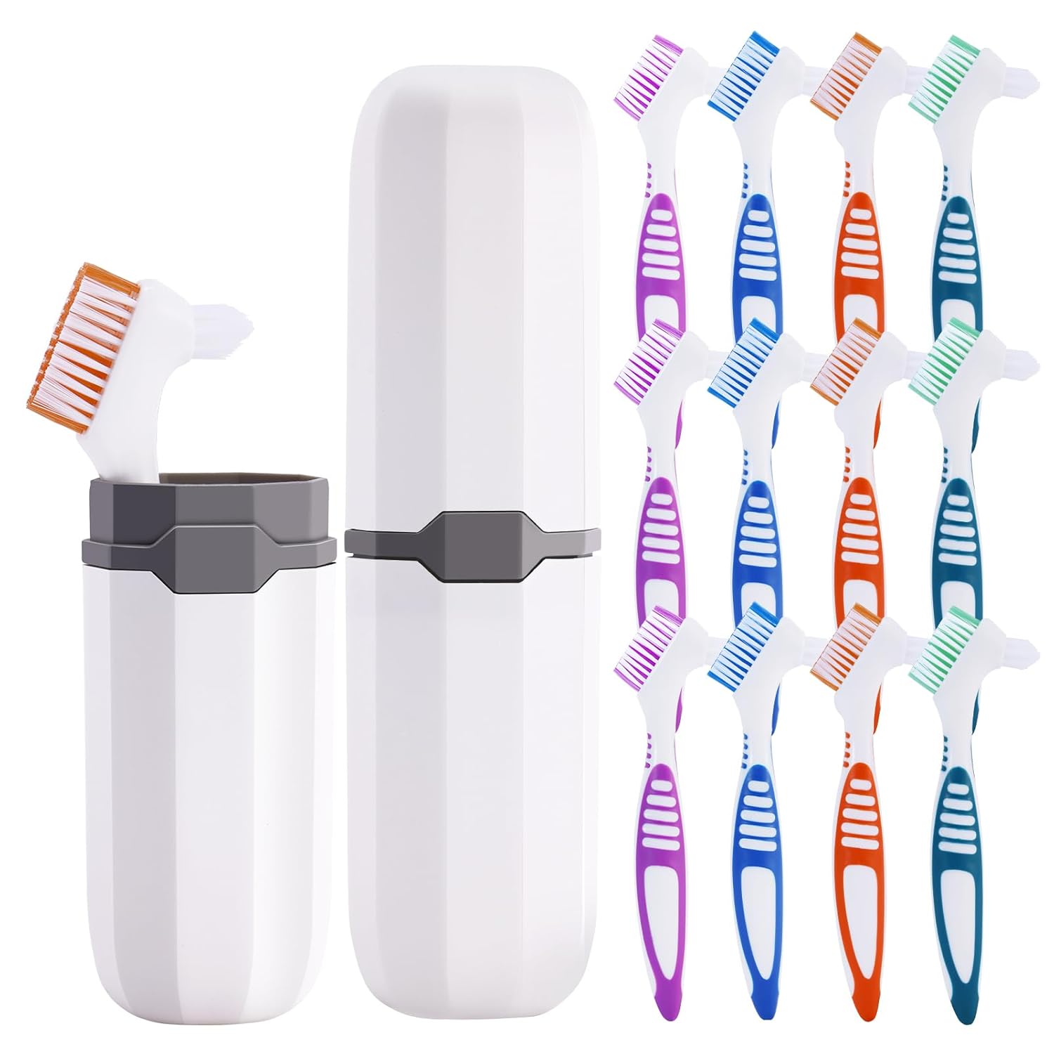 12 Pçs Escova de Dente para Prótese com 2 Cases Brancas para Cuidados com Dentaduras - Praticidade e Limpeza Eficiente!