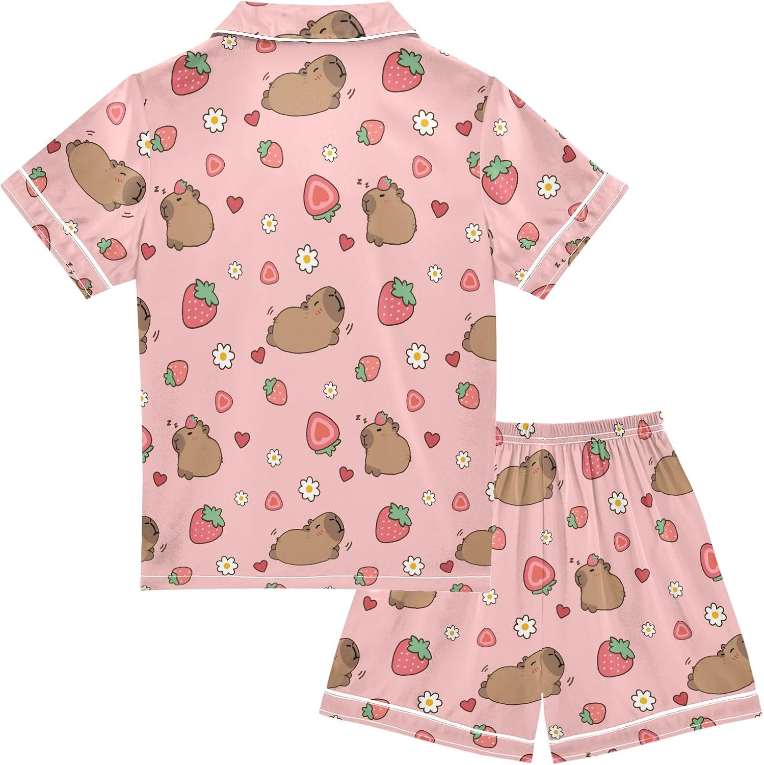 Capybara with Oranges Summer Satin Pajama Set, Cute Button-Down Sleepwear Pj Set for Sleep Wears - Image 4