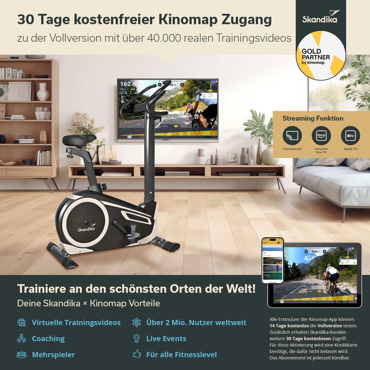 Skandika Ergometer Morpheus | Heimtrainer für Zuhause, 12 kg Schwungmassensystem, 32 Levels, 24 Programme, App Kompatibel mit Kinomap, Pulsgurt, Tablethalterung | Indoor Fahrrad bis 150 kg