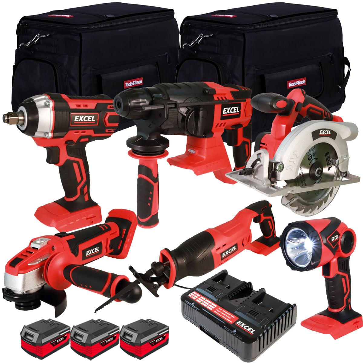 Excel 18V 6 Piece Power Tool Kit with 3 x 4.0Ah Battery & Charger EXL10189 - Power Tool -Twin Kit -18V Cordless Power Tool Kits-Cordless Kit -Combo Kit-Mega Power Tool-Excel Kit