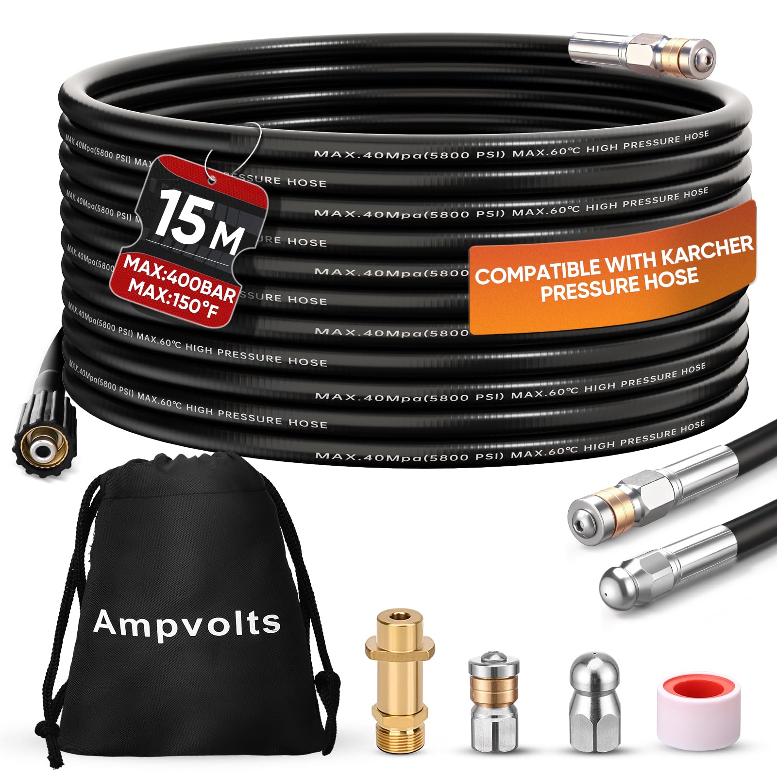 Desatascador de Tuberías a Presión 15m/30m – 400 bar / 5800 PSI, compatible con hidrolimpiadoras Karcher K2–K7, incluye adaptador y 2 boquillas, limpieza de tuberías y desagües