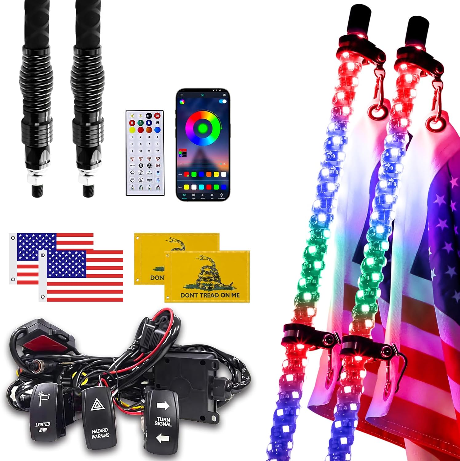 ZIMABLUE 2PC 3FT Whip Lights for Side by Side, App & Remote Control RGB Chasing Lighted Whips with 3 Switchs for ATV UTV Dune Buggy Truck,LED Whip Light Compatible with Polaris RZR Can-Am Maverick X3