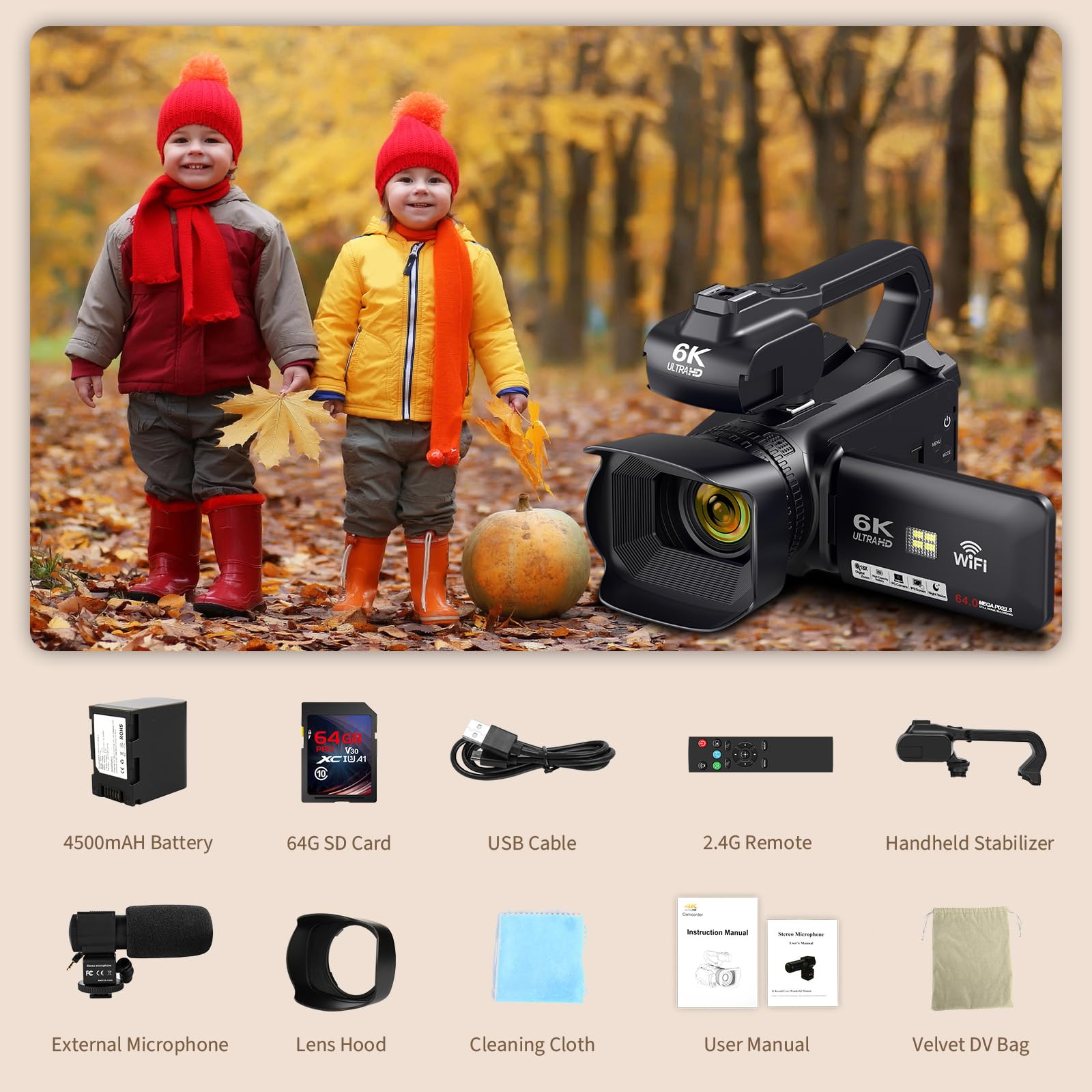Camcorder Video Camera 6K 64MP IR Night Vision Vlogging Camera for YouTube 18X Digital Zoom 4.0" Touch Screen Digital Camera with WiFi, Microphone, Charger, Stabilizer, Remote Control and 64GB SD Card