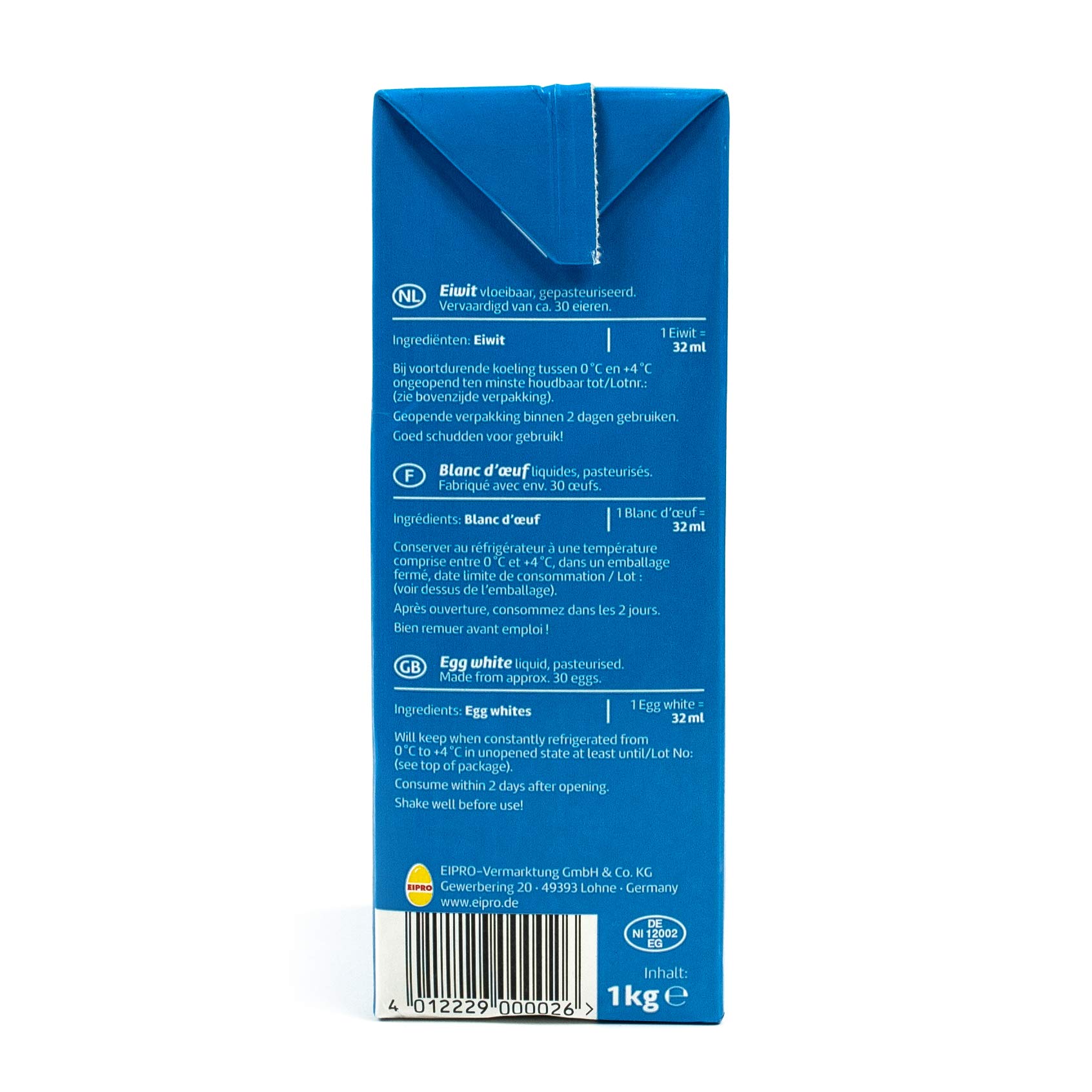 Eifix - 12er Pack Eiweiß flüssig hergestellt aus ca. 30 Eiern 1 kg Packung - Eipro flüssiges Eiklar Eiweiss flüssig ohne Konservierungsstoffe ideal zum Kochen und Backen (pasteurisiert Egg White)