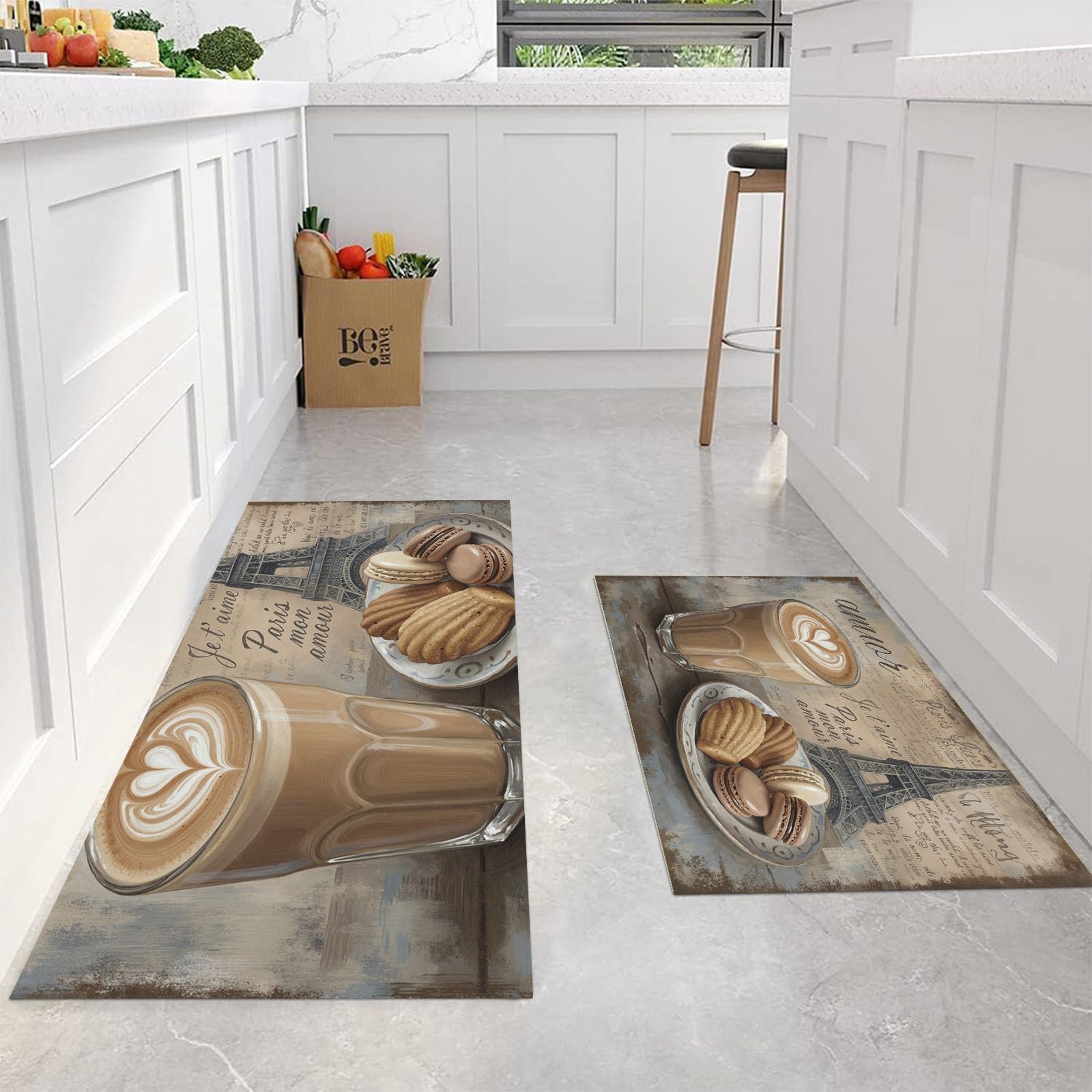 Tapis de cuisine lavables et antidérapants brun clair en lot de 2 pièces