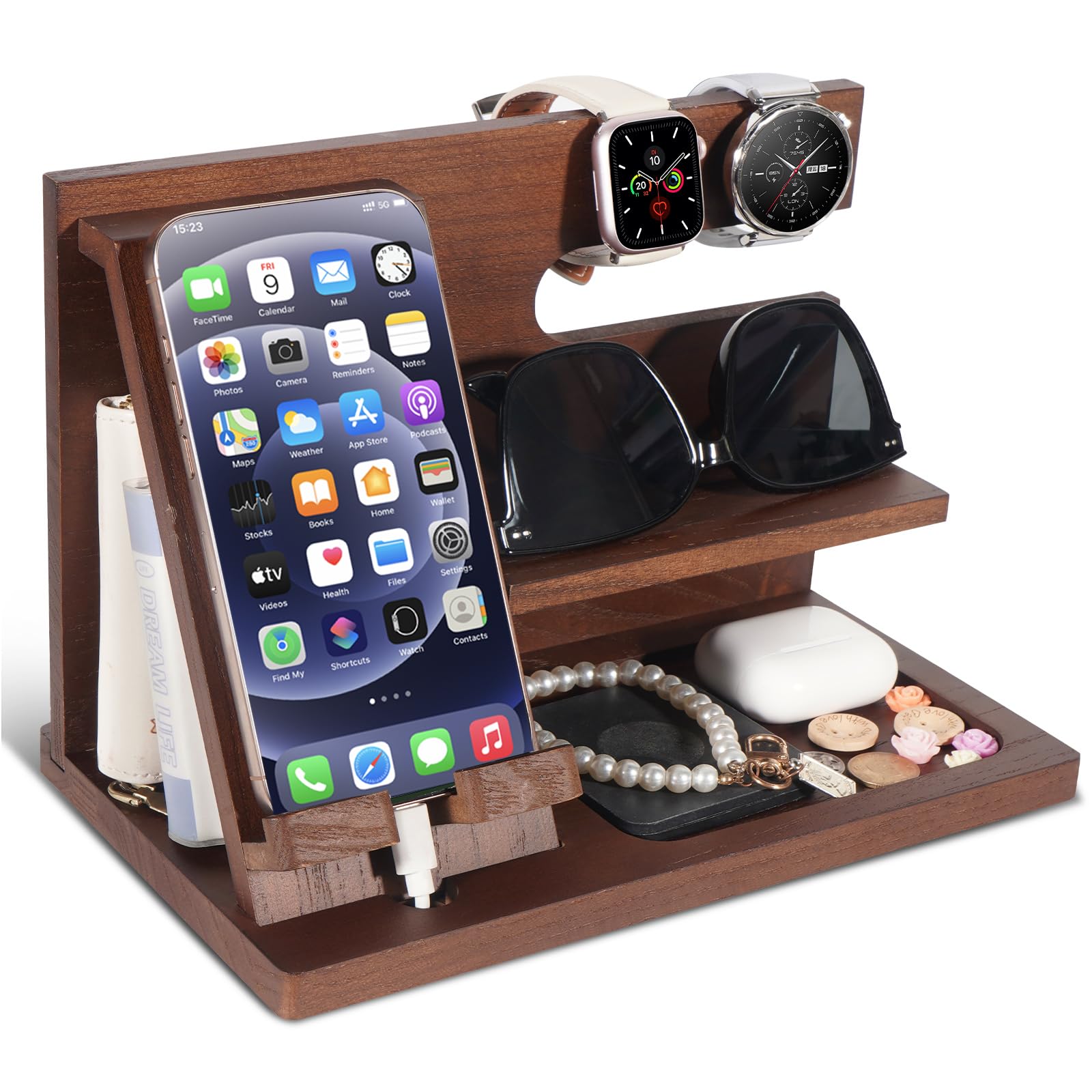 ELEVAT Gifts for Men Christmas Wood Phone Docking Station Desk Organizer Fathers Gifts Anniversary Birthday Gifts for him Xmas Presents for Men Nightstand Key Wallet Stand Boyfriend, Dad