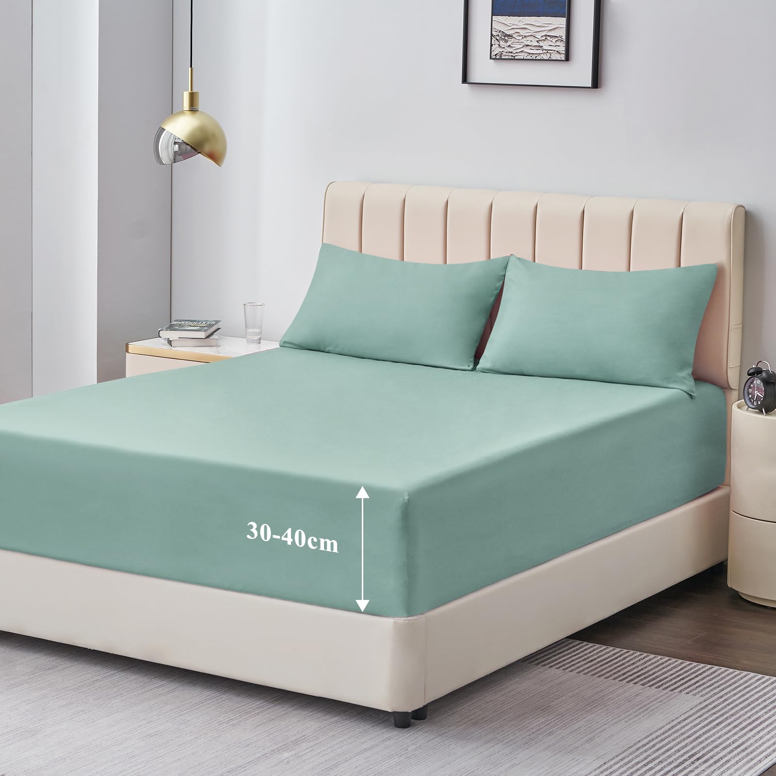 Aisbo Super King Fitted Sheet Sage Green - Extra Deep Pocket Bed Sheet 16 inch 40 cm - Microfiber Bottom Sheet, 183x200cm โ image 1