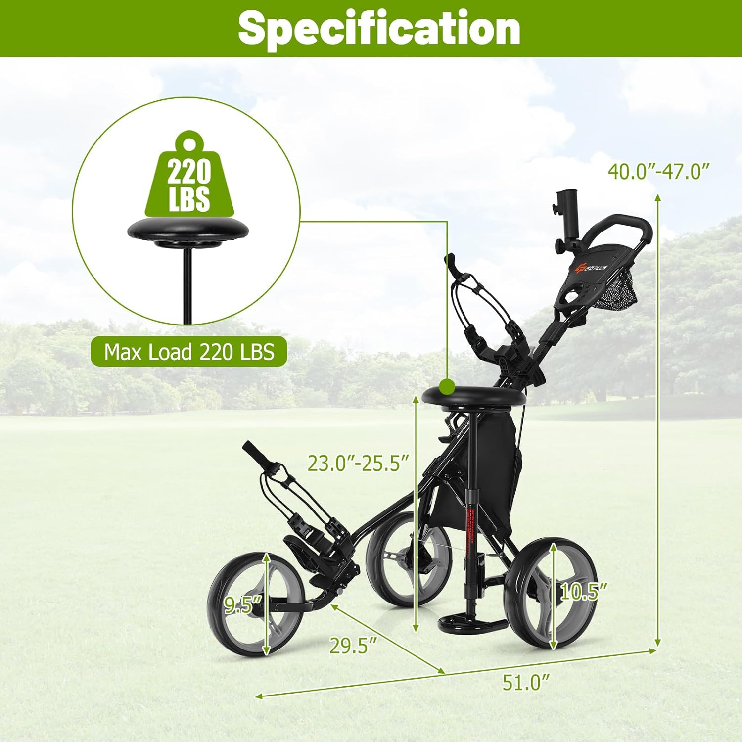 Goplus 3 Wheel Golf Push Cart, Lightweight Foldable Caddy Cart w/Adjustable Seat, Handle, Umbrella Holder, Foot Brake, Golf Trolley for Golf Bags, Collapsible Golf Pull Cart for Men Women