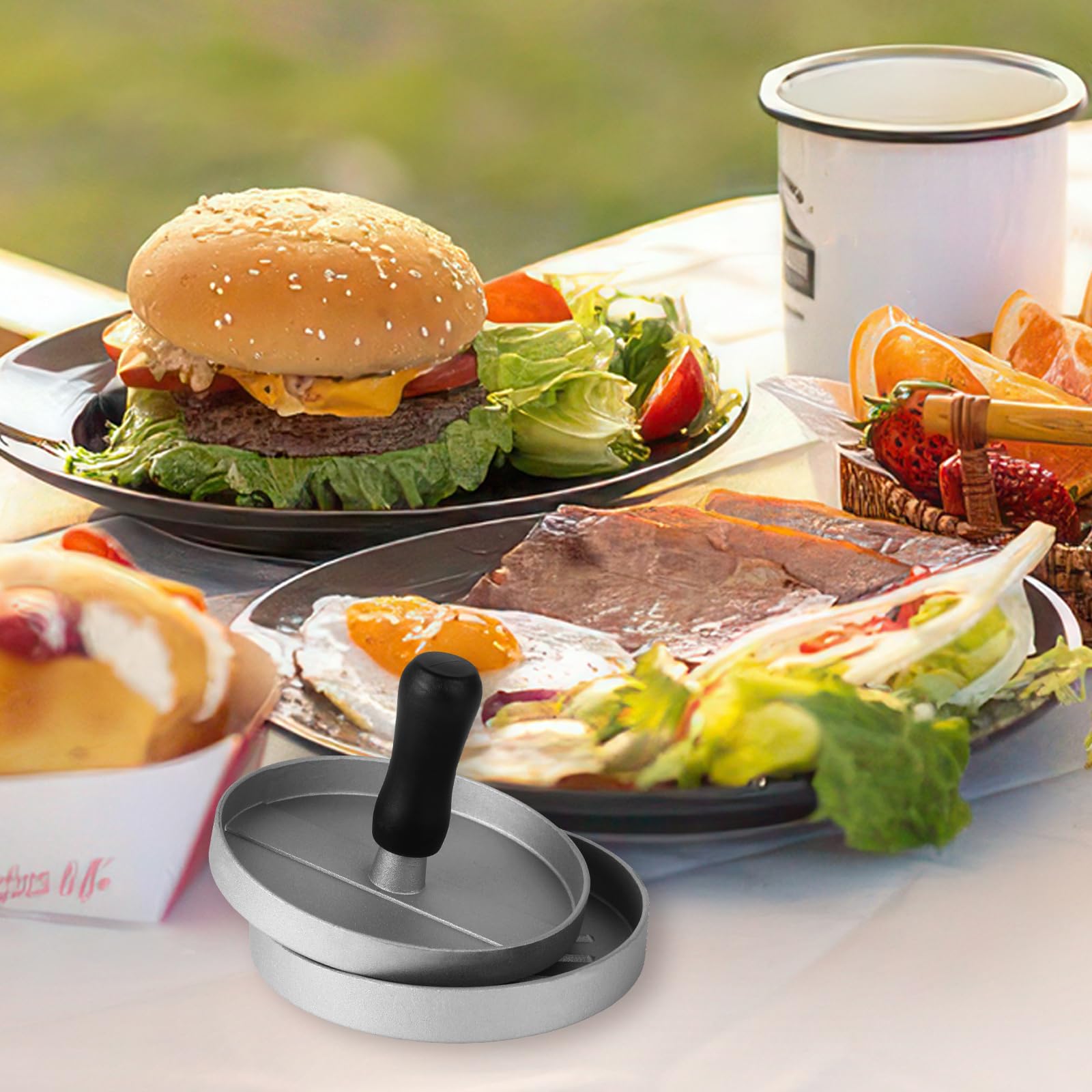 Hamburguesera con 100 hojas de papel para hornear, juego de prensa de hamburguesas de aluminio fundido para deliciosas hamburguesas, hamburguesas, barbacoas, prensa de hamburguesas con recubrimiento a