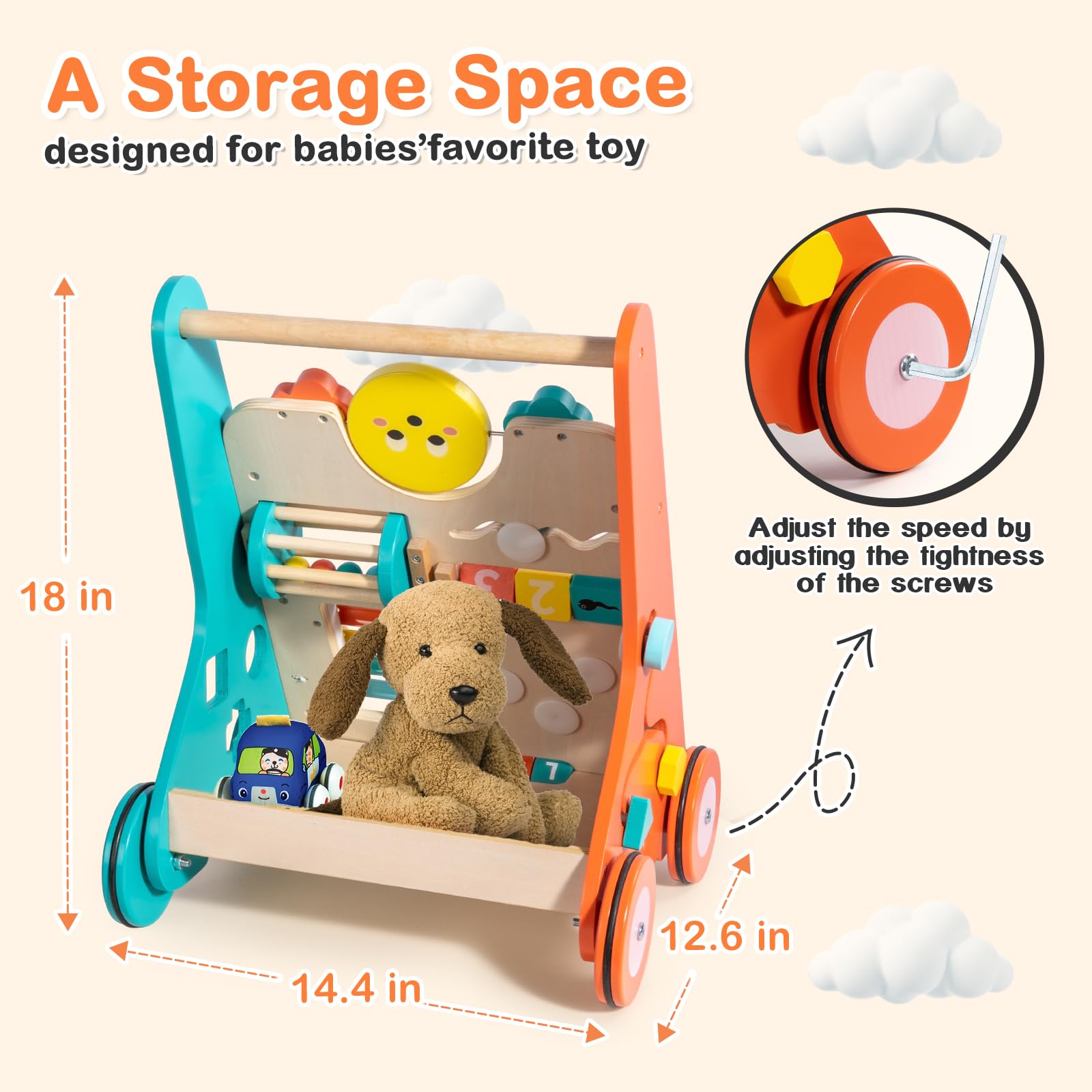 Wooden Baby Walker with Wheels, Walker for Baby Boys 6-12 Months Push Toy, Sit to Stand Activity Walker Learning to Walk