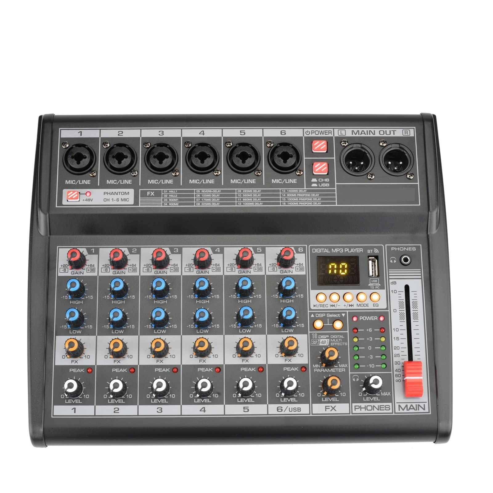 Mixer DJ, Scheda Mixing Console Alimentazione phantom 48V 16 Digital USB Funzione di registrazione Mixer 6 canali