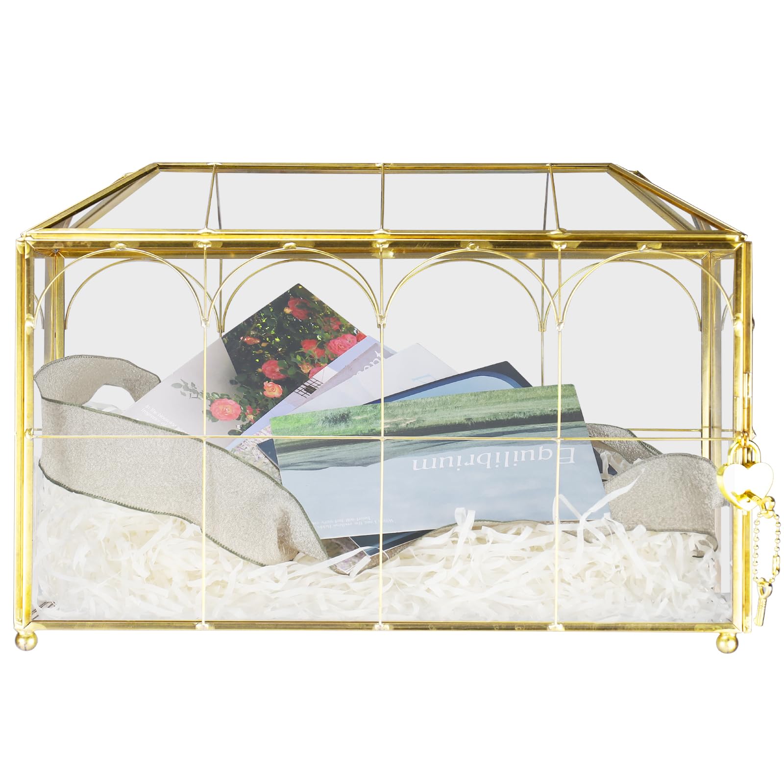 HighFree Hochzeitskarten-Glasbox mit Schlitz & Schloss, extra großes handgefertigtes geometrisches Terrarium, goldklare Display-Glaskarten-Box mit dekorativen Linien, für Hochzeitsempfang, Wunschgut,