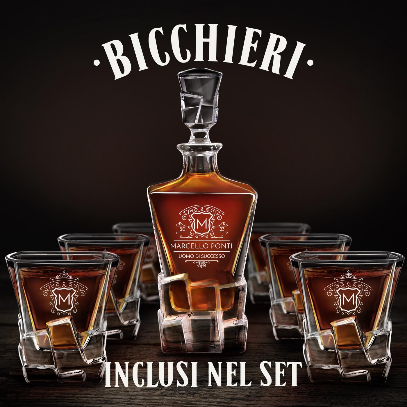 Maverton set Caraffa per whisky in vetro con 6 bicchieri - ideale per alcolici e liquori - 950 ml - incisione personalizzata - ottimo per acqua - pensiero speciale per Lui - milord