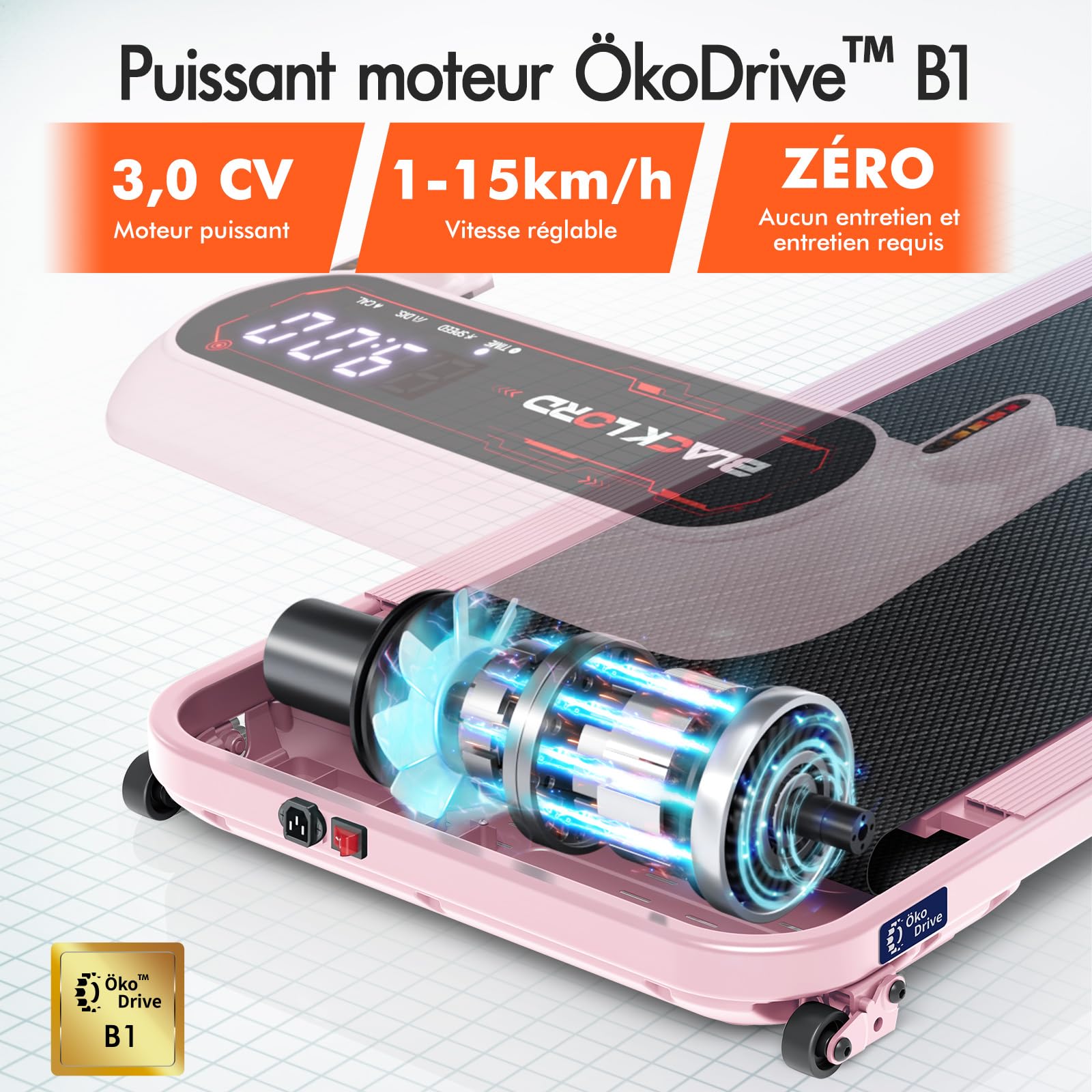BLACK LORD Tapis de Course, Tapis de Marche Bureau, Moteur Silencieux 3.0HP, 130kg capacité, Suivi Bluetooth, 3 Niveaux Inclinaison, Tapis antidérapant,avec poignée,Rose